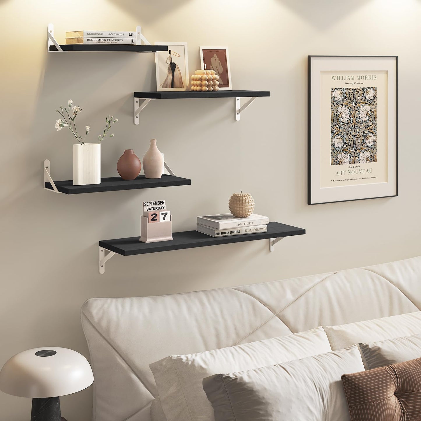 YGEOMER Floating Shelves for Wall, Different Sizes Black Wall Shelves for Living Room, Bathroom, Bedroom, Kitchen, Home Decor (Set of 4)