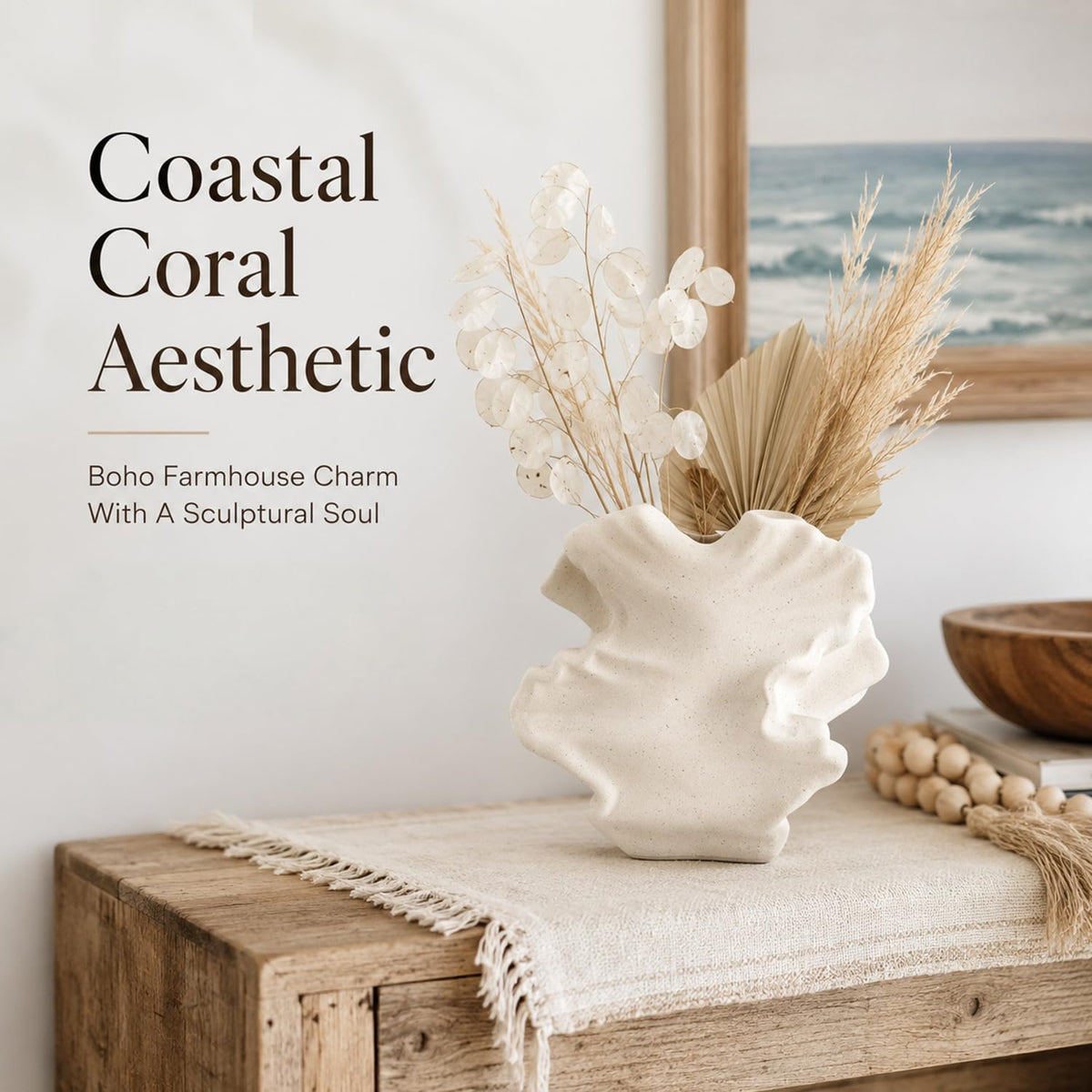 White Coral Vase for Coastal Decor, Small Ceramic Vase, Boho Decor with Coastal Ocean Charm, Decorative Vases for Bathroom, Shelf, Coffee Table, Living Room, Kitchen, Entryway, Fireplace