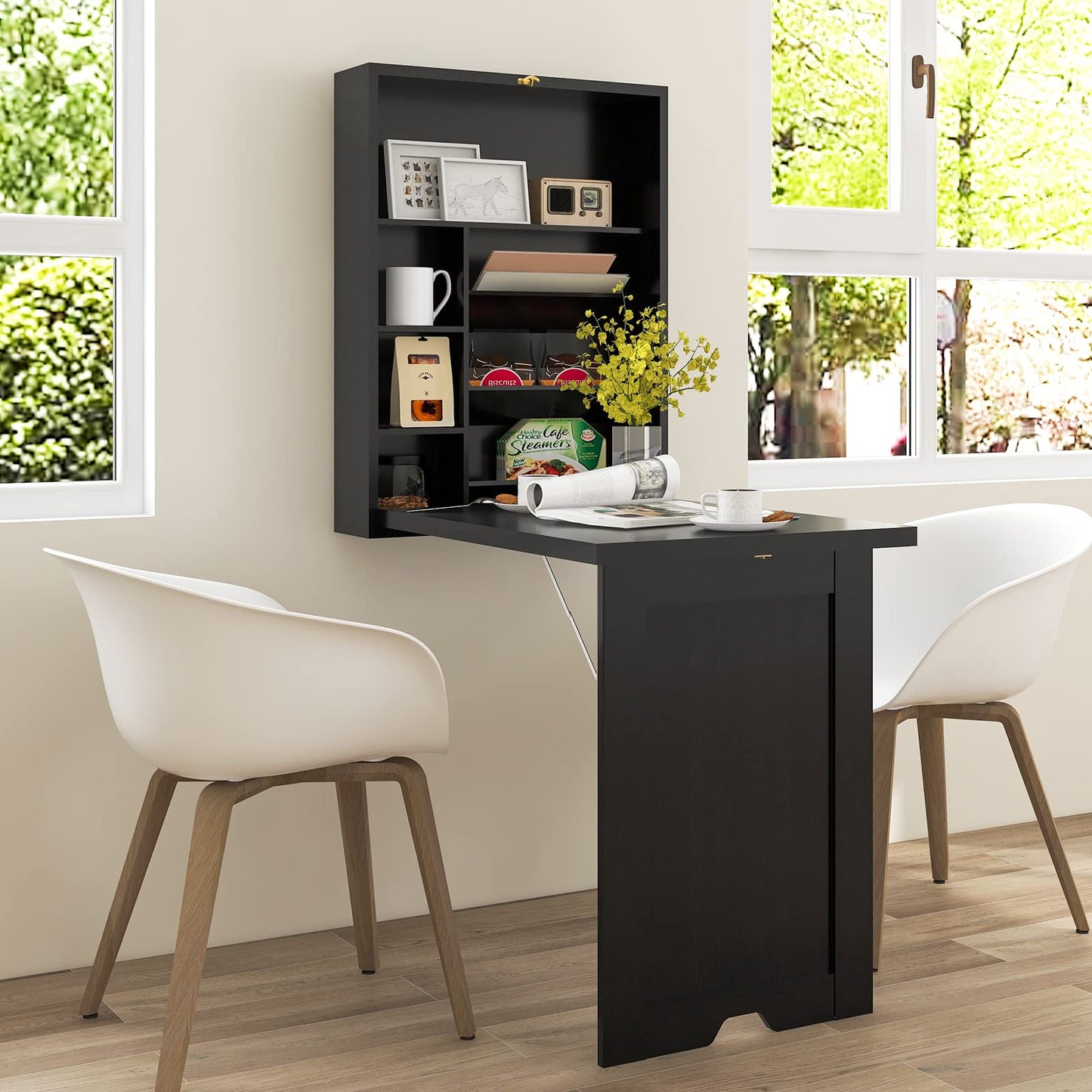 Byroce Wall Mounted Desk, Wood Collapsible Floating Desk, Convertible Computer Desk with Storage Area, Hanging Fold Out Table for Home Office, Small Spaces (Black)