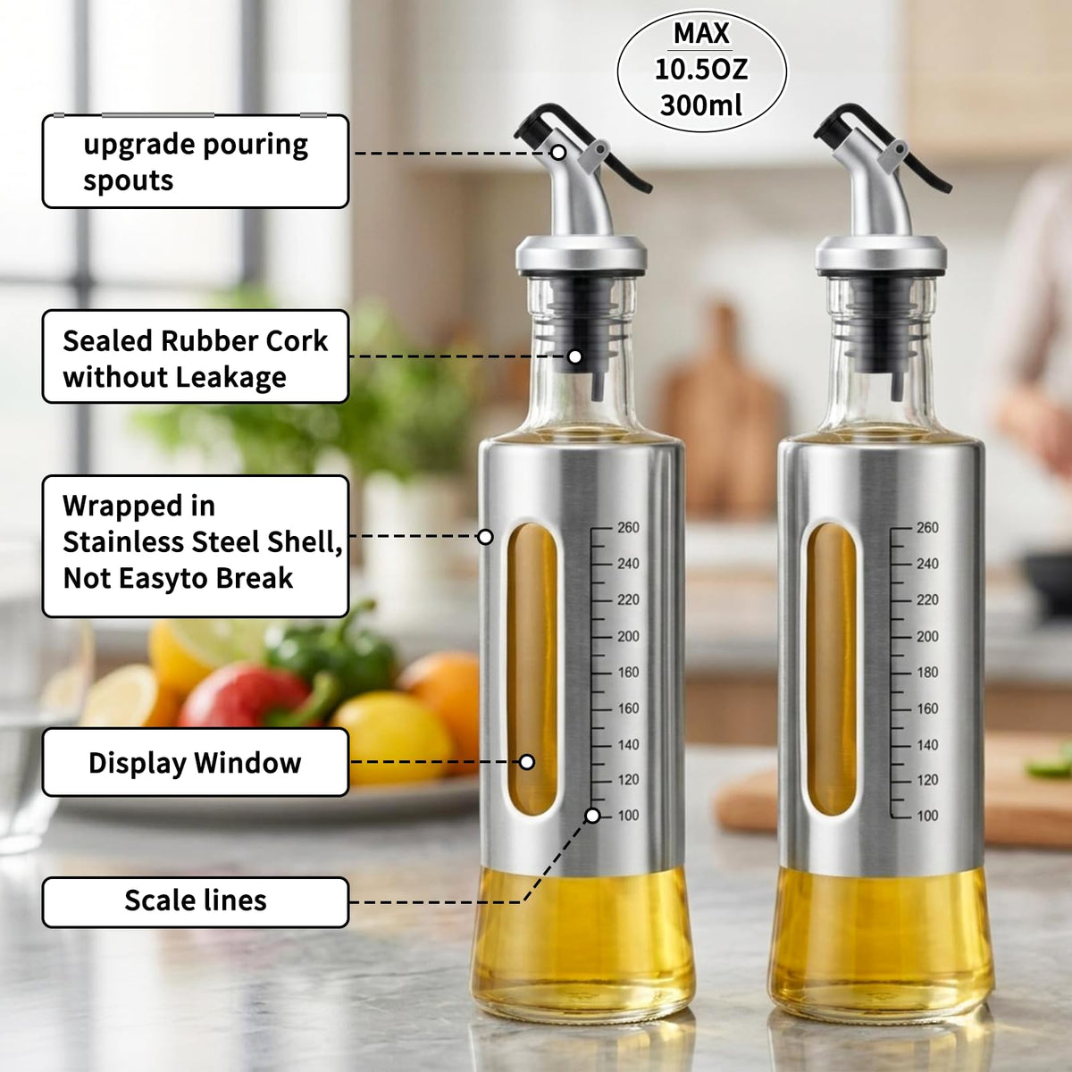 LIONTOTO Olive Oil Dispenser for Kitchen, 4 Pack 10oz/300 ML Cooking Oil and Vinegar Dispenser Set with 20 Labels Stainless Steel Funnel, Olive Oil Bottle, Soy Sauce Dispenser, Coffee Syrup Bottles