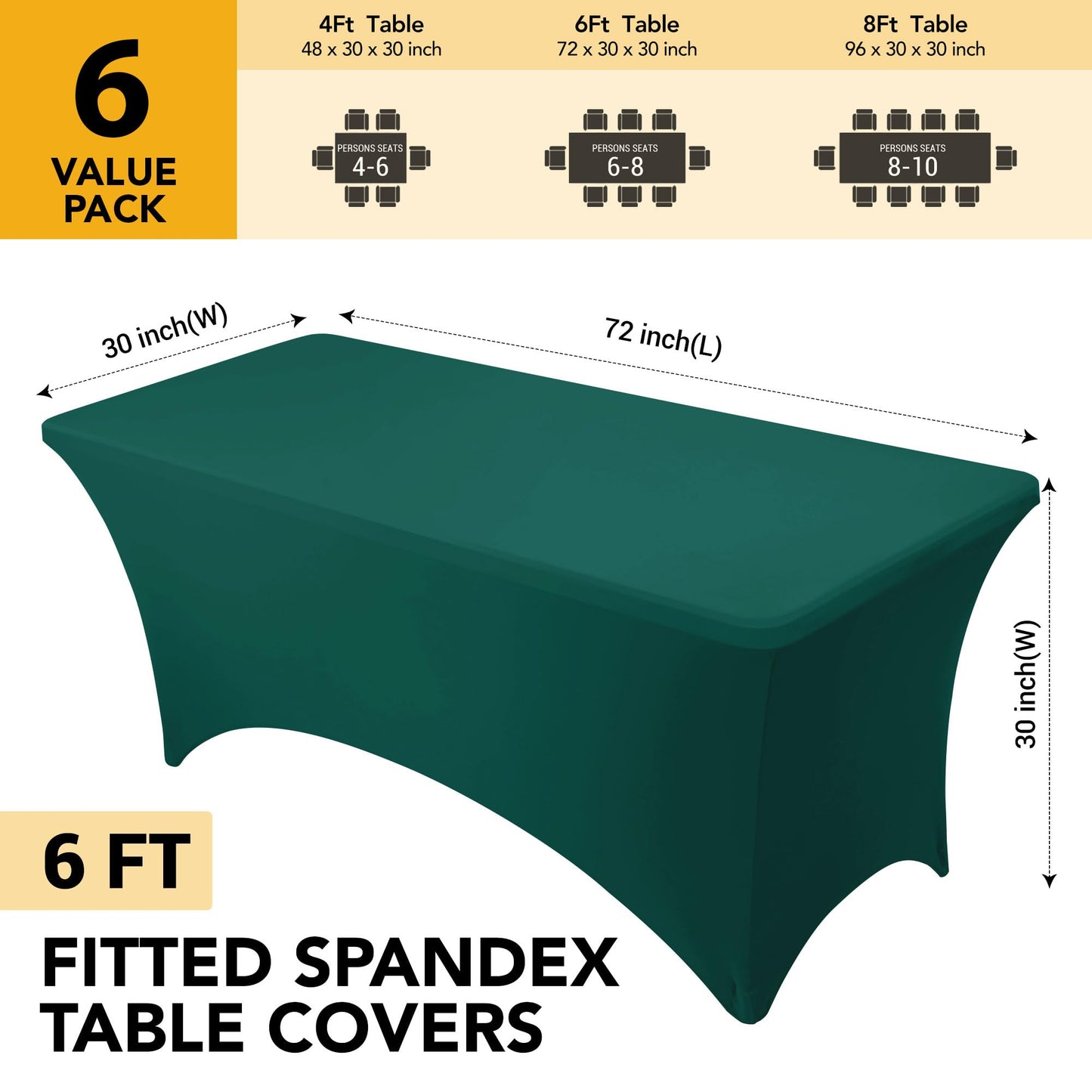 Dailyset 6-Pack Premium Hunter Green Spandex Tablecloths for 6ft Rectangle Tables, Stain & Wrinkle-Resistant, Washable Stretch Polyester Fitted Table Cover for Weddings, Banquets, Trade Shows Events