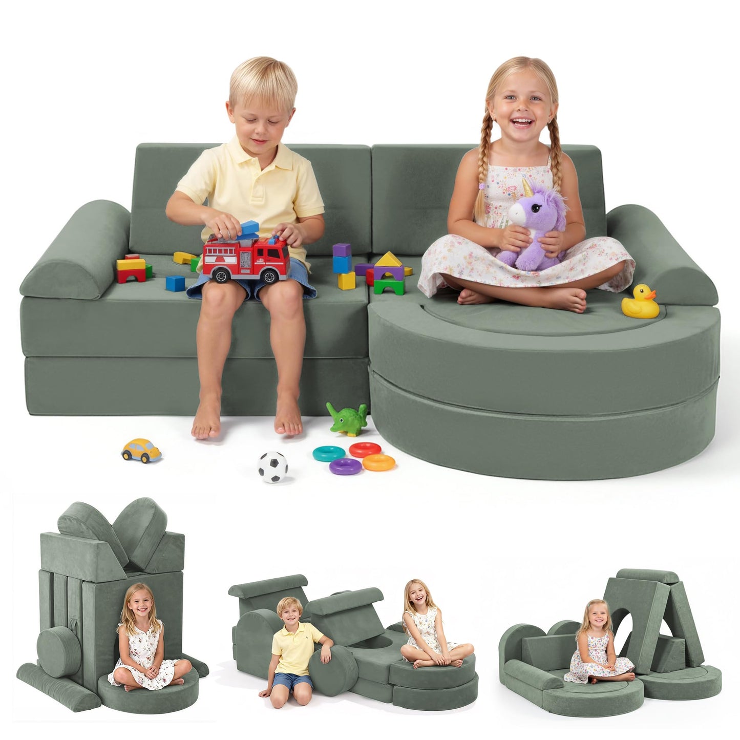 Fvkind Modular Kids Play Couch 16pcs, Toddler Couch for Playroom, Bedroom, Toddler Modular Play Sofa, Kids Sofa Building Fort with Convertible Foam Cushion for Boys and Girls, Green