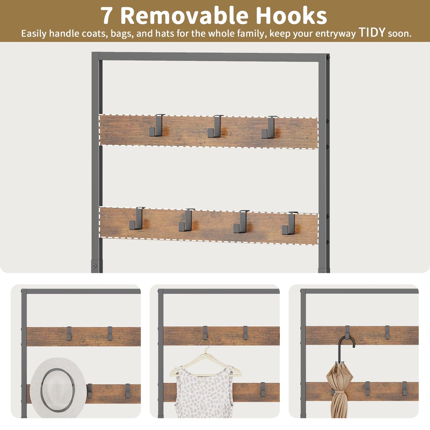 Hall Tree with Shoe Storage Bench - Entryway Bench with Coat Rack and Hooks - 3-in-1 Small Hall Tree for Entry Way, Entrance, Hallway, Doorway, Front Door, Mudroom, Small Space - Rustic Brown