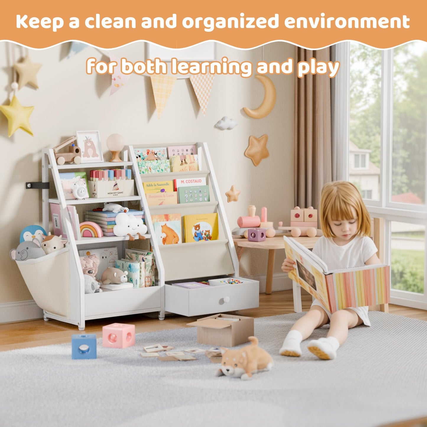 HAVLOTII Kids Bookshelf and Toy Storage - Book Shelf for Kids Rooms, Toddler Bookshelf Baby Bookcase for Nursery, Montessori Toy Organizer, White