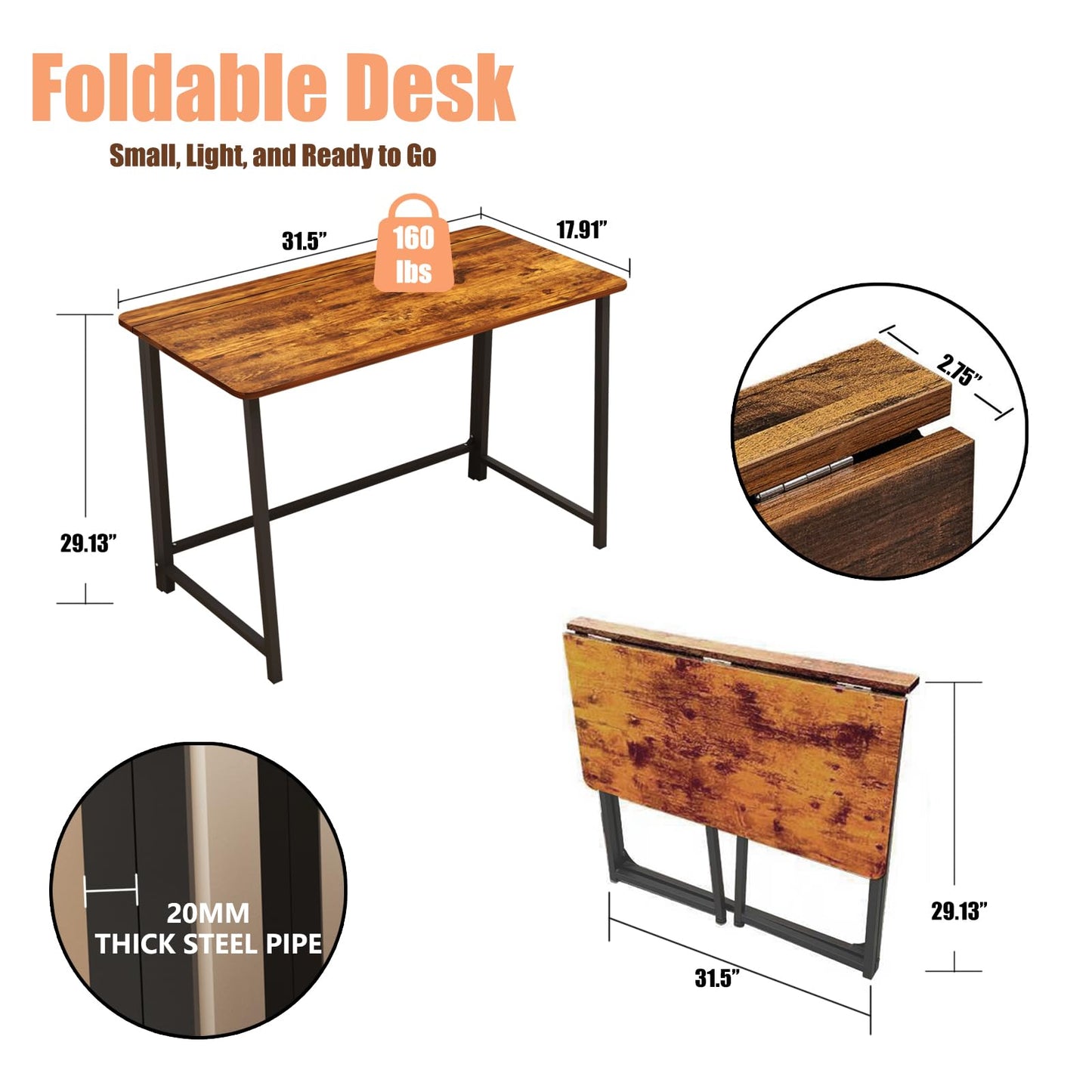 huacz 31.5" Folding Desk for Small Spaces, Foldable Computer Table for Home Office, Study,Bedroom,Dorm,Craft, Space Saving,Small Writing Work Office Compact Computer Desk,Easy Assembly,Rustic Brown