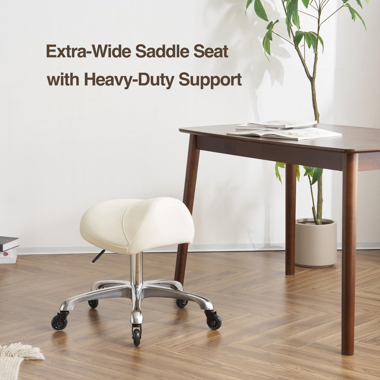 DR.LOMILOMI Heavy-Duty Ergonomic Pneumatic Swivel Rolling Saddle Stool with Extra Wide Seat for Hygienic Clinic Spa Massage Home and Office - 505 KIMO (Vanilla)