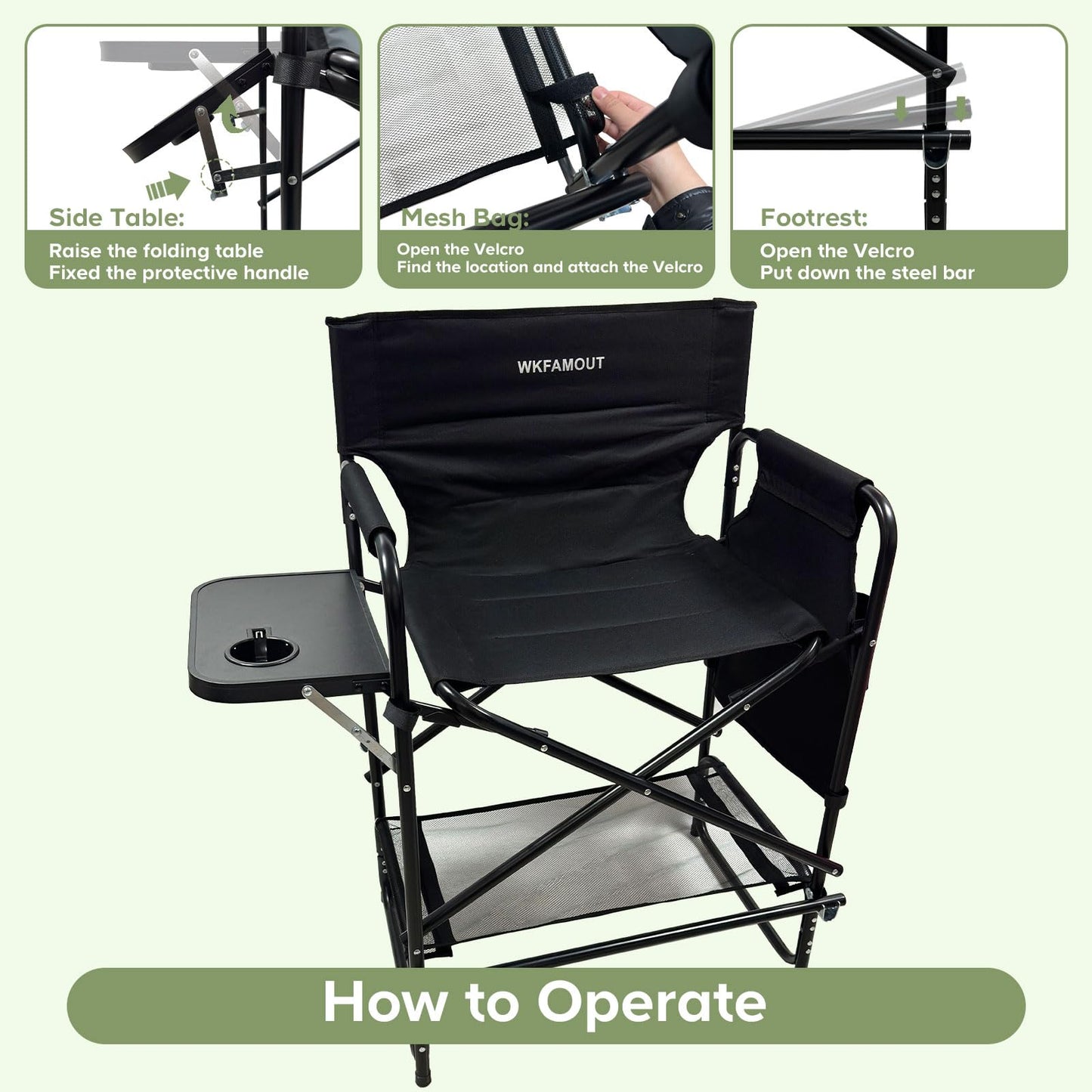 WKFAMOUT 27" Tall Camping Director Chair Oversized with Side Table, Heavy Duty Folding Lawn Chair Outdoor for Makeup Artist, Sports Event, Supports 330LBS