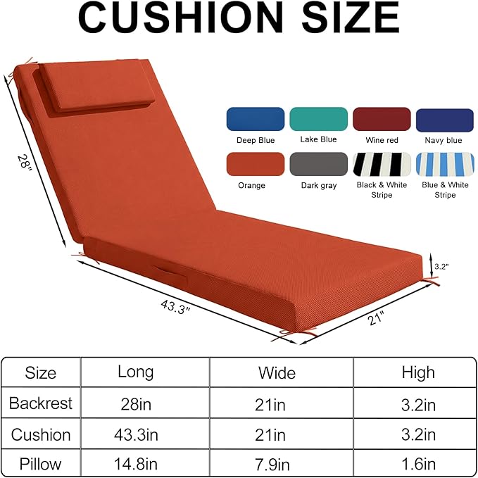 Outdoor Chaise Lounge Cushions, 71x21 Inch Olefin Water & Fade Resistant Pool