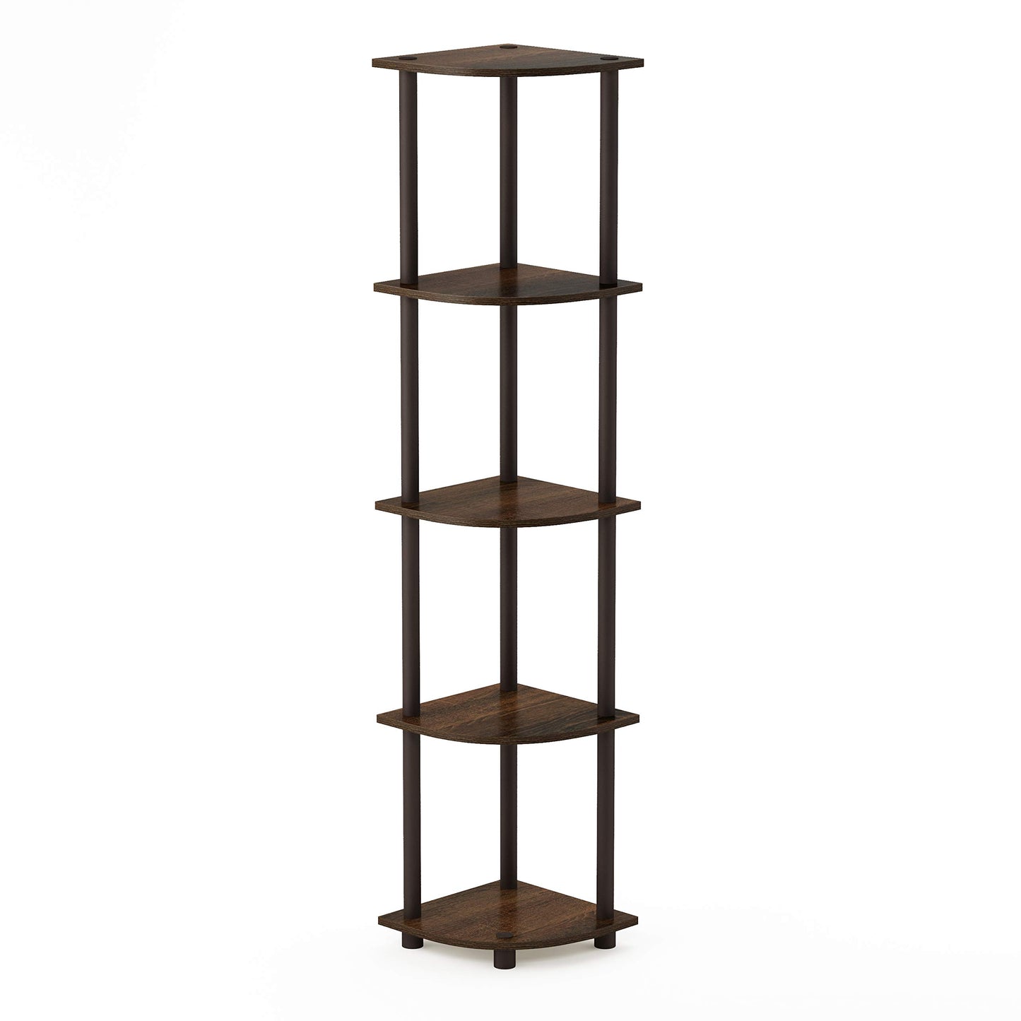 Furinno TURN-N-TUBE Corner Shelf, 5-Tier Corner Bookshelf, Open Storage Shelves, for Organization and Storage, Living Room, Home Office, Garage, Bedroom, Walnut