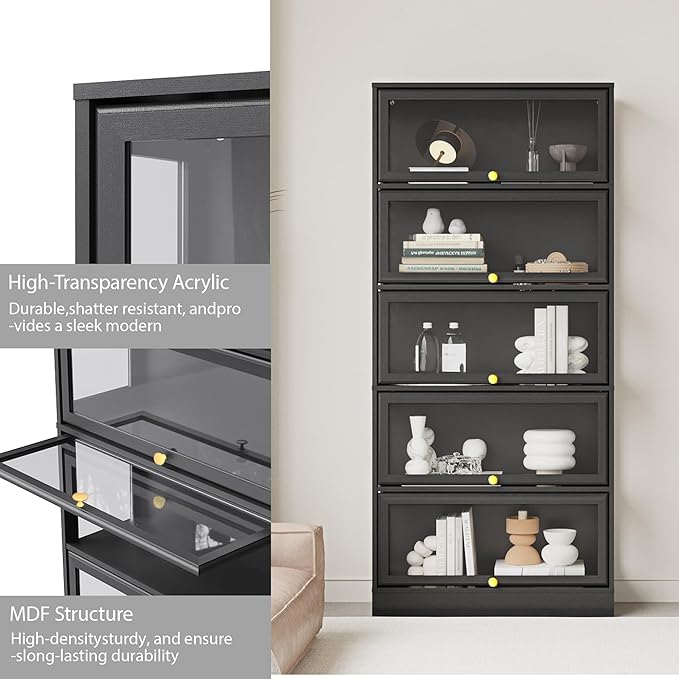 Display Cabinet with Acrylic Glass Doors, 5-Tiers Curio Cabinet with LED