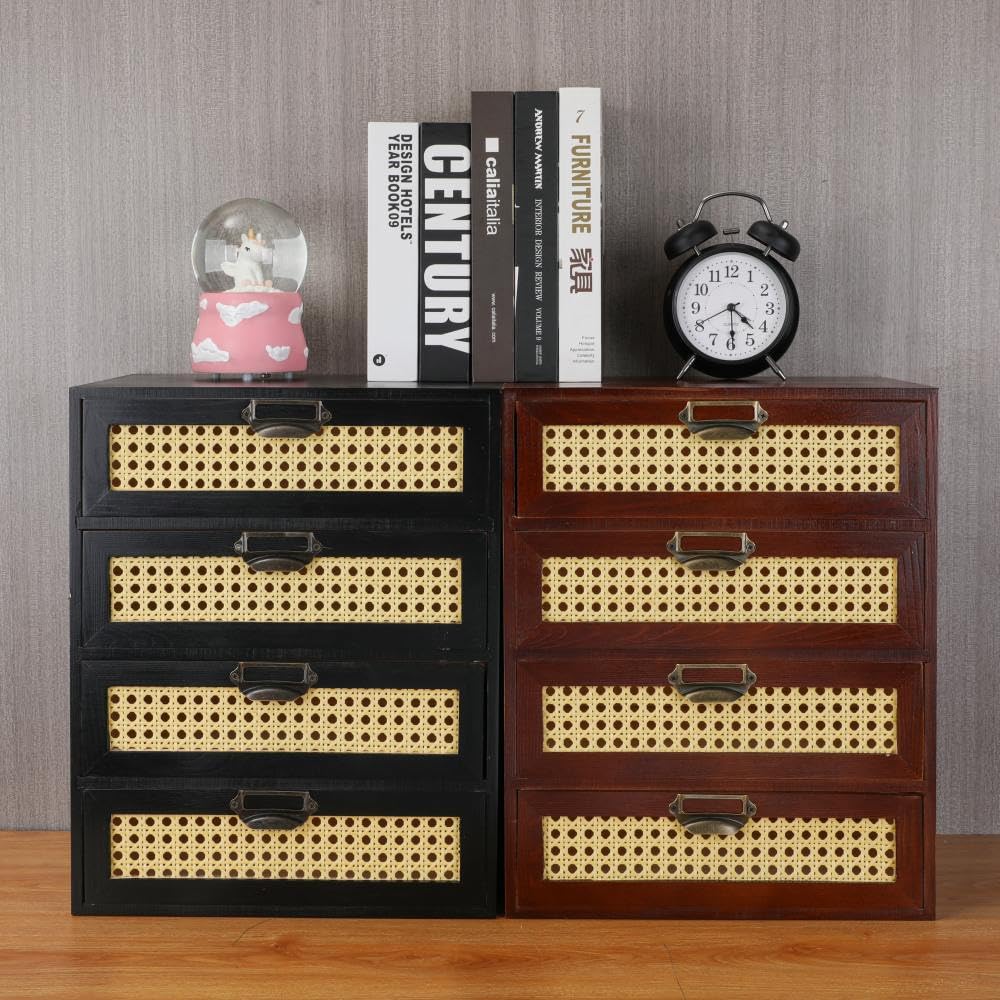 GoooodGift Large Wooden Storage Box with Drawers (Boho Apothecary Cabinet, Rattan Frame, Brown)