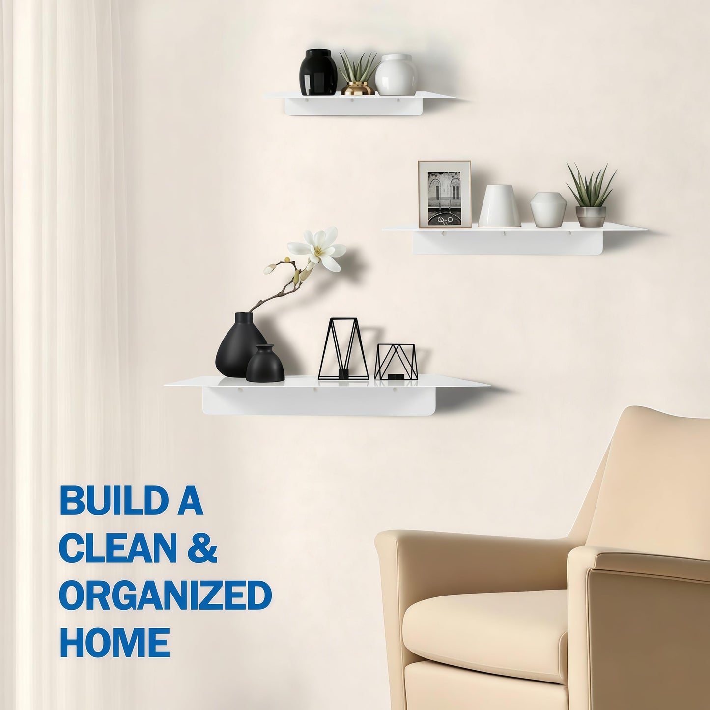 MZDMY Steel Floating Shelves for Wall,Small Wall Shelf，Bookshelf Living Room Bedroom Home Office Bathroom，Little Mini Tiny Display Hanging Shelves for Books/Storage/Room Decor (White 9.06x6.5in)