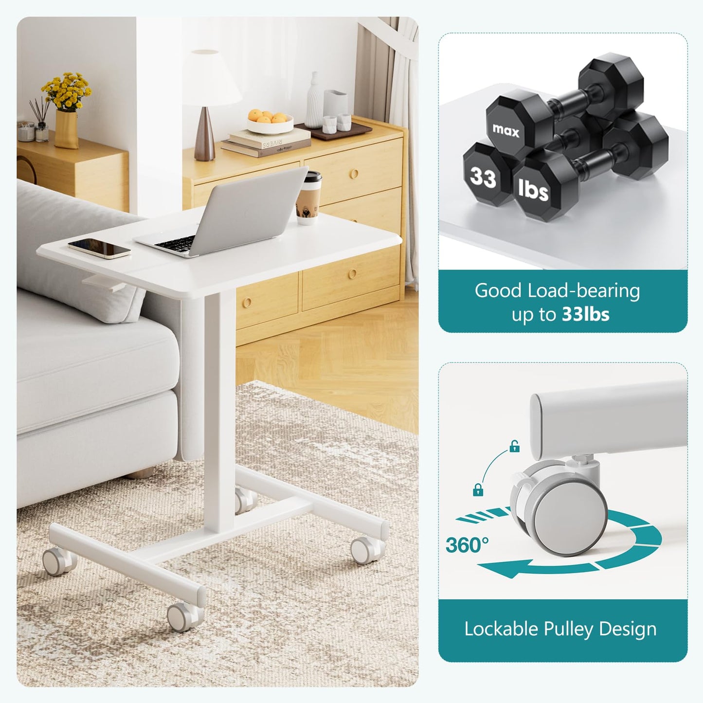 OLIXIS Small Standing Desk with Locking Wheels, Mobile Portable Rolling Laptop PC Table, Adjustable Height Computer Workstation for Home Office, 19 Inch, White