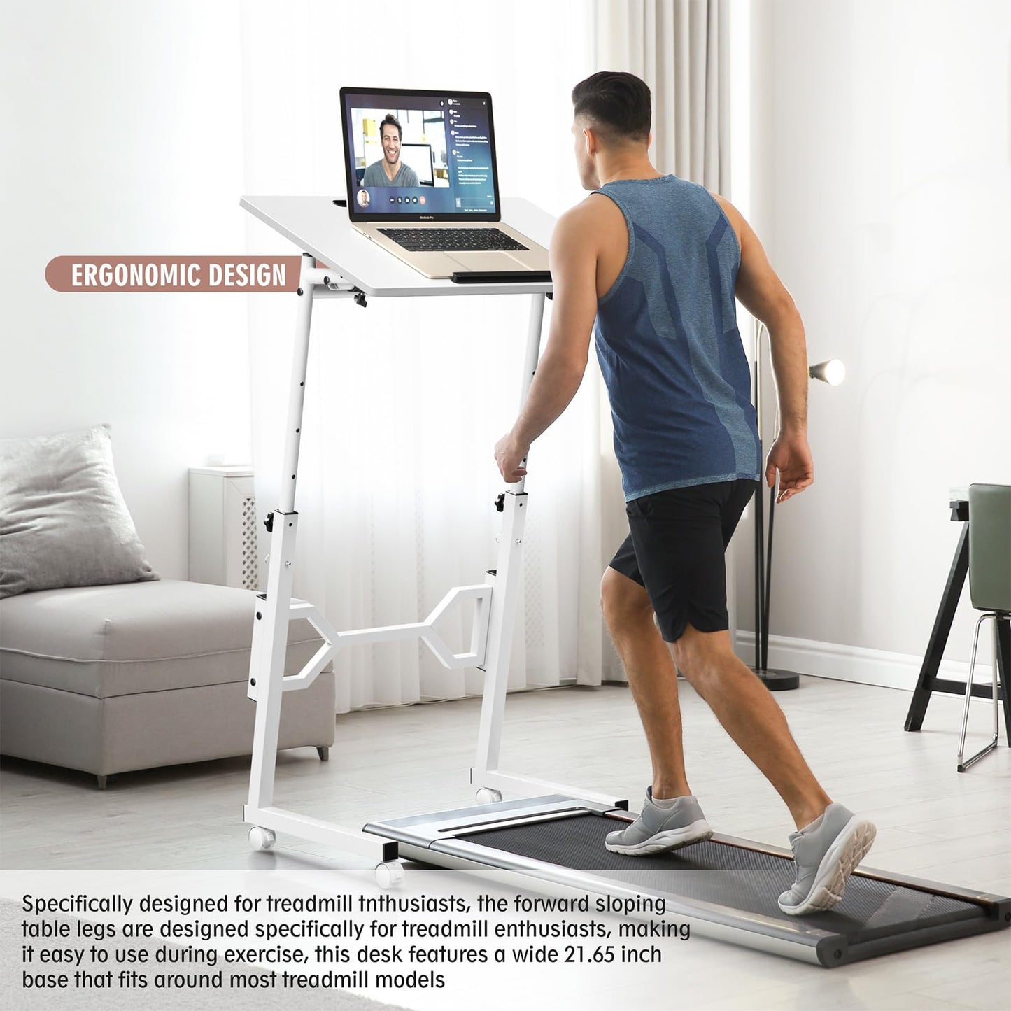 Enayplon Small Standing Desk with Wheels, Portable Treadmill Desk, Rolling Desk Adjustable Height for Laptop, Mobile Standing Table for Walking Pad, Bedside Table