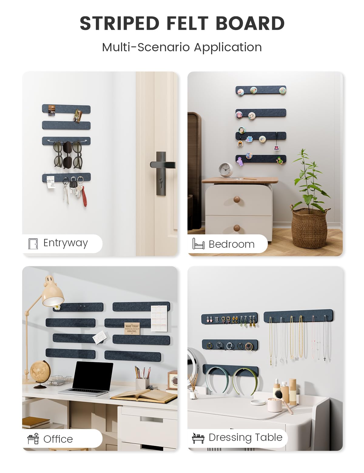 Fluxynara Cork Board Alternative Felt Strip Board 8-Pack 13"x2", Office Pin Board with 50 Push Pins, Adhesive Install for Bedroom Door & Home Office (Denim Blue)