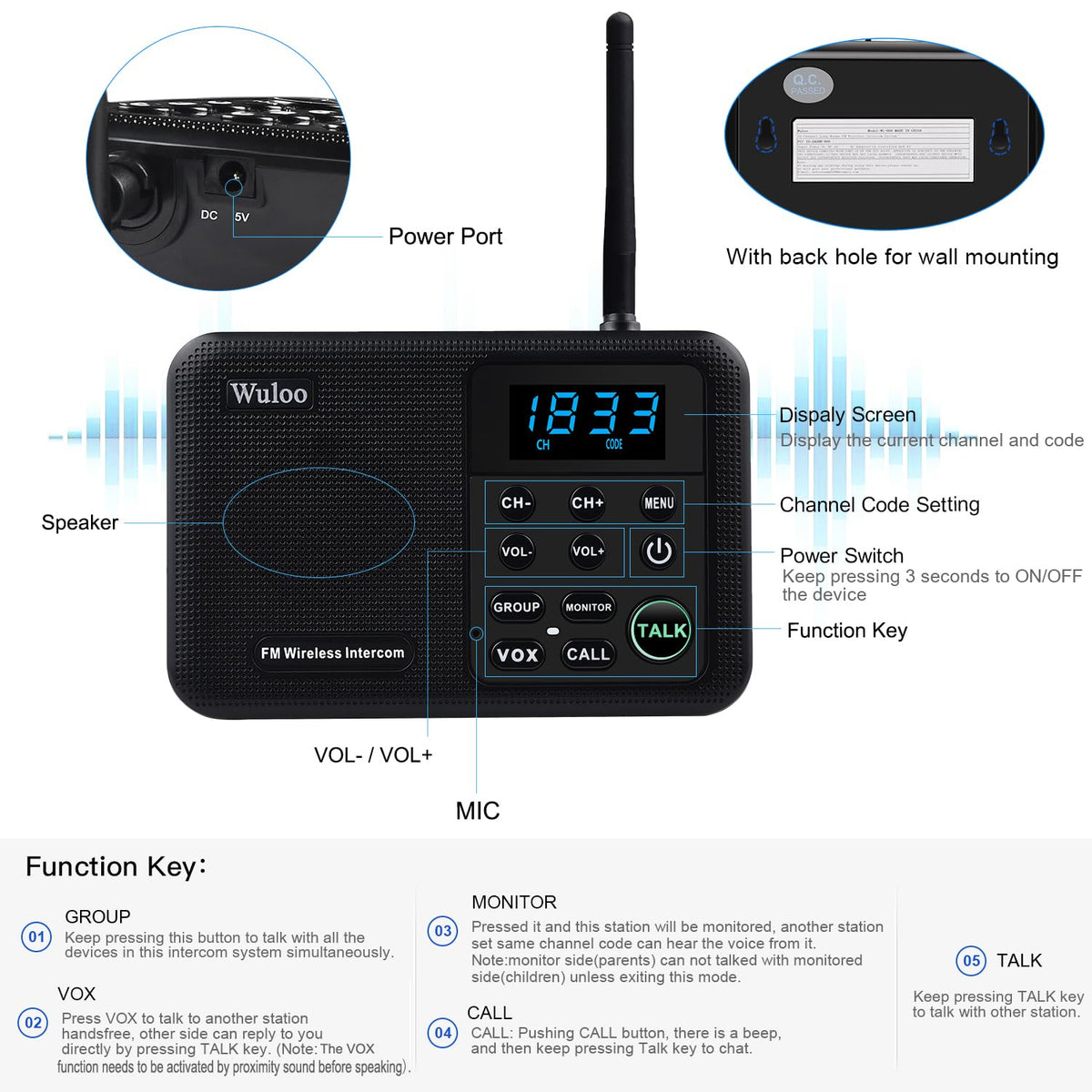 Wuloo Intercoms Wireless for Home 1 Mile Range 22 Channel 100 Digital Code Display Screen, Wireless Intercom System for Home House Business Office, Room to Room Intercom Communication (6 Packs, Black)