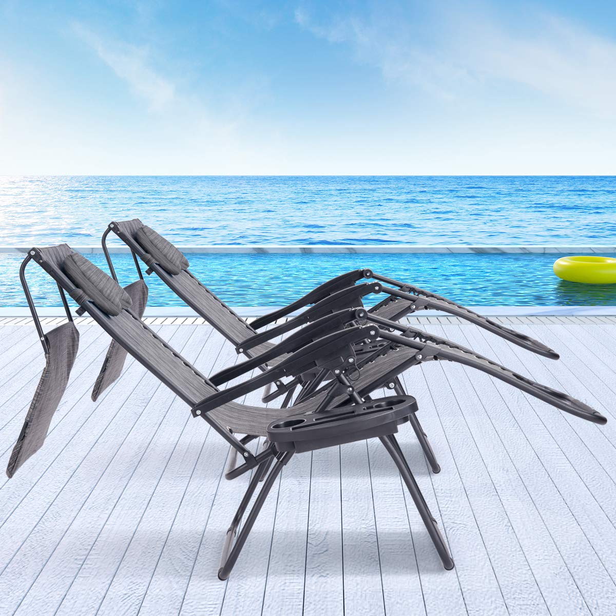 Nightcore Folding Zero Gravity Lounge Chair, Outdoor Lawn Chair with Adjustable Canopy Shade, Pillow and Cupholder Tray, Reclining Patio Chair for Poolside Backyard and Beach (Grey)