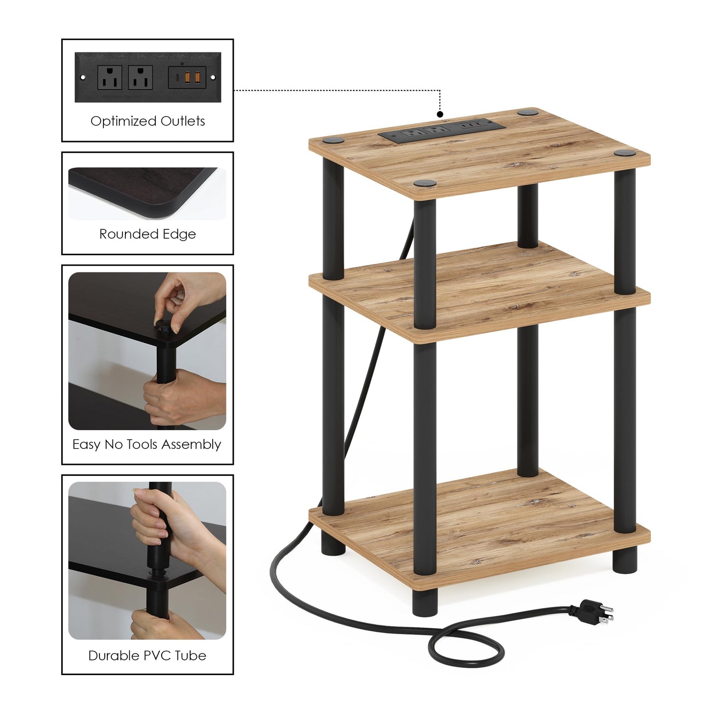 Furinno Just 3-Tier Turn-N-Tube USB and Type-C Charging Port End Table with Open Storage, 11.42 (W) x 8.82 (H) x 6.77 (D) inches, Flagstaff Oak/Black