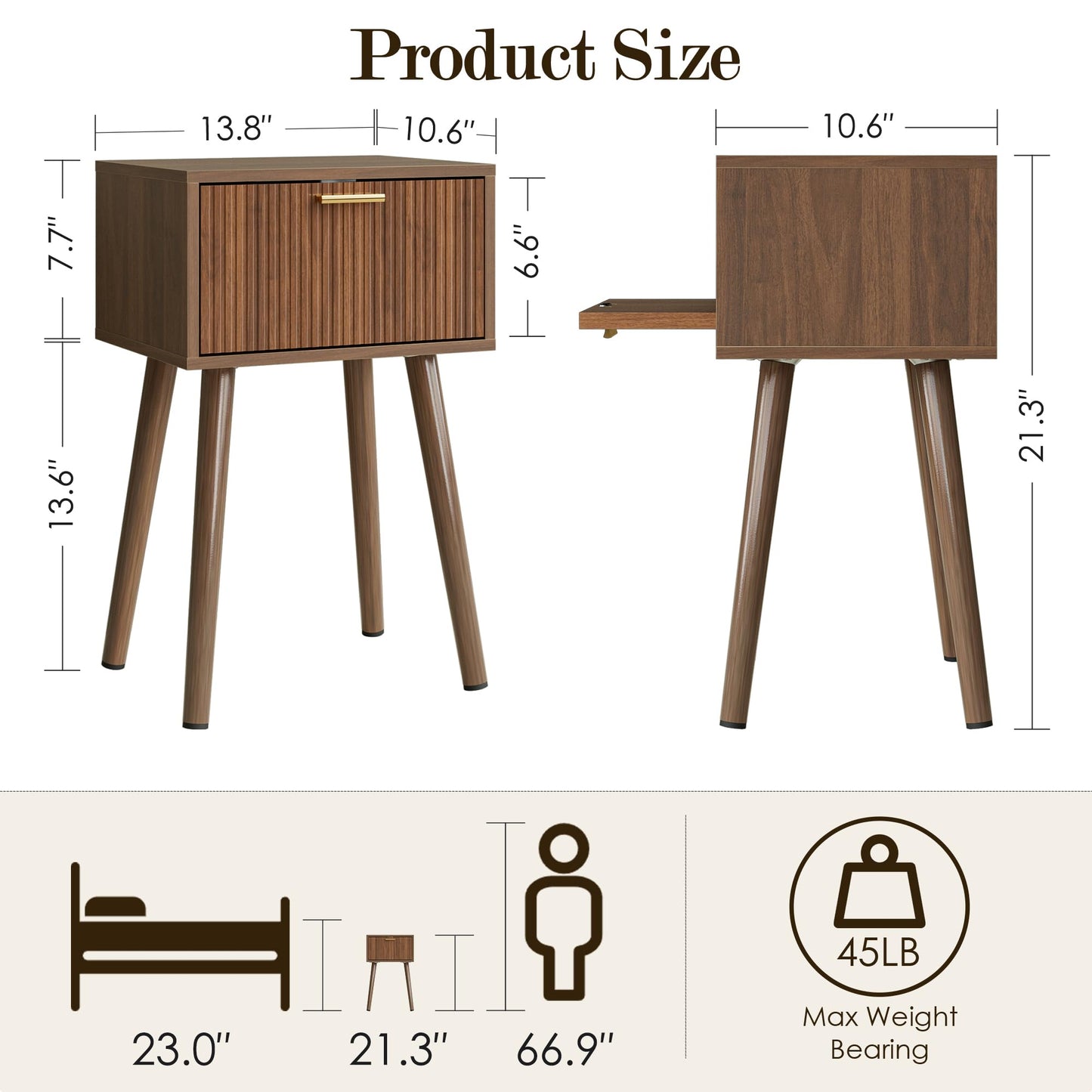 ASACESCU Night Stand, Walnut Nightstand with Fluted Door, Small Modern Mid-Century Bedside Table for Bedroom, End Table for Living Room