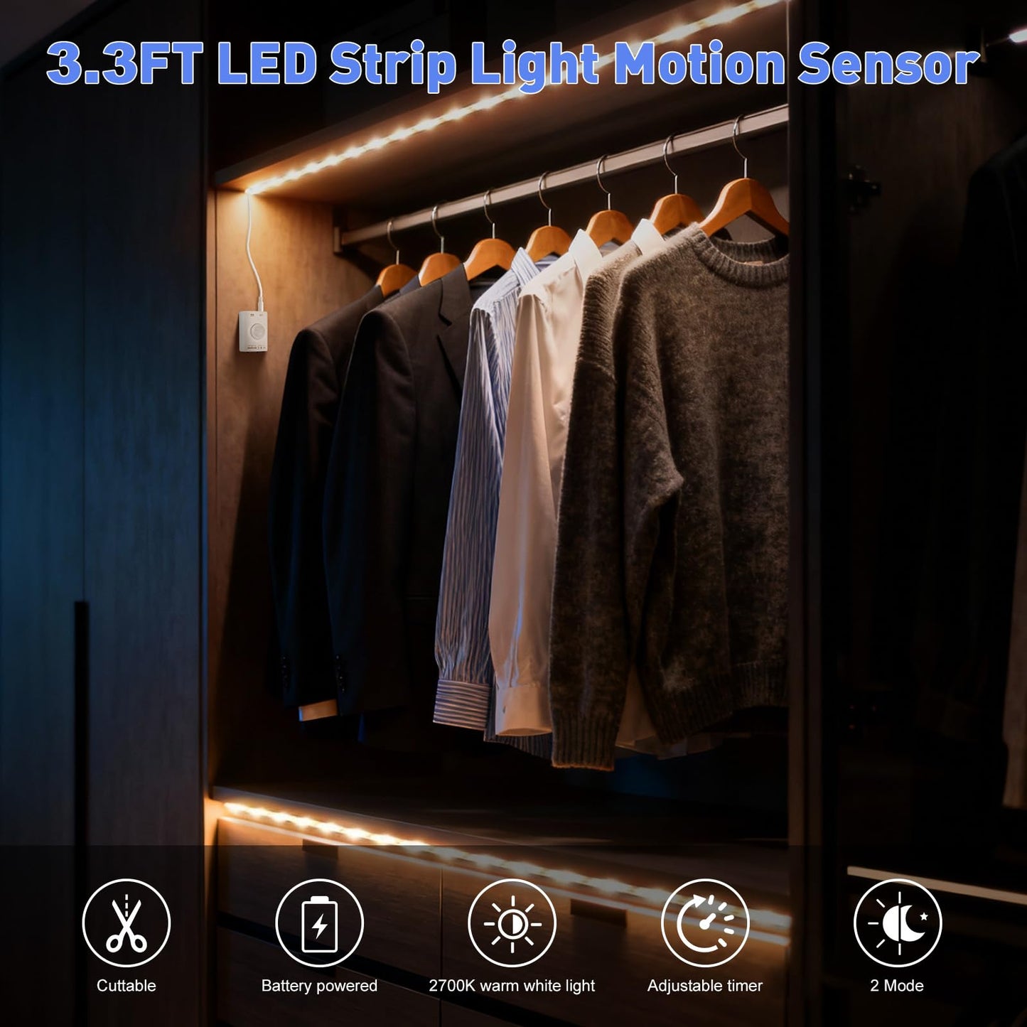 LUXJET Rechargeable Motion Sensor Wardrobe Light, 3.3ft Flexible LED Strip with 30LED, PIR and Light Sensor, Warm White Night Light for Bedroom, Kitchen, Wall, Closet, Cabinet