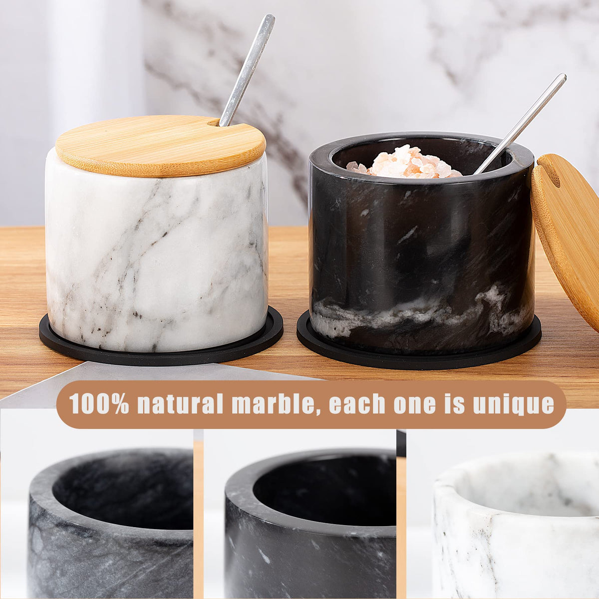 NHKRTE 15-Ounce Marble Salt Shaker Set with Lid and Spoon, Black and White
