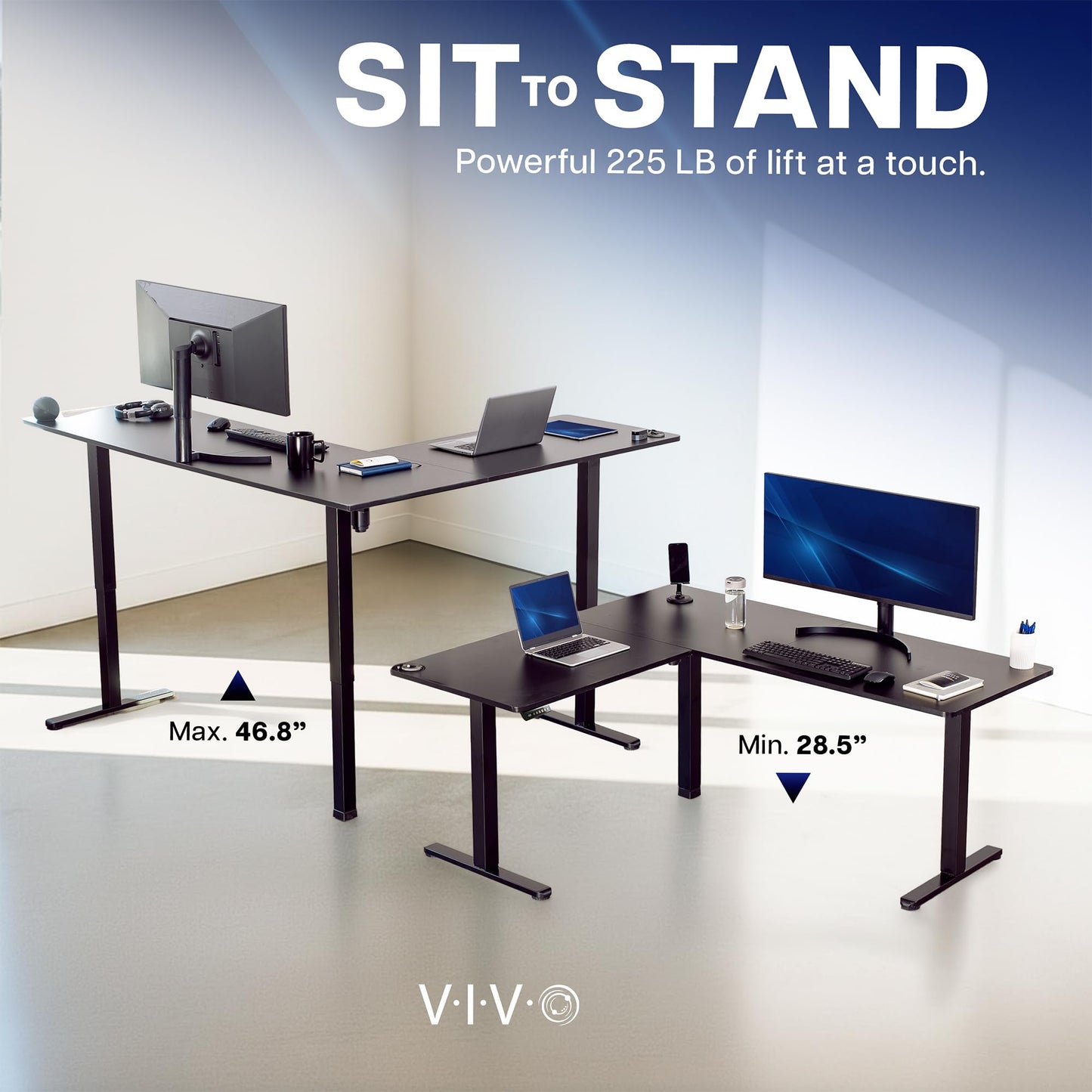 VIVO Corner Standing Desk, 75 x 63 inch Reversible L-Shaped Workstation, Electric Height Adjustment, Home, Office, and Reception Rooms, Real Bamboo Table Top White Frame, DESK-E3CTWO-75