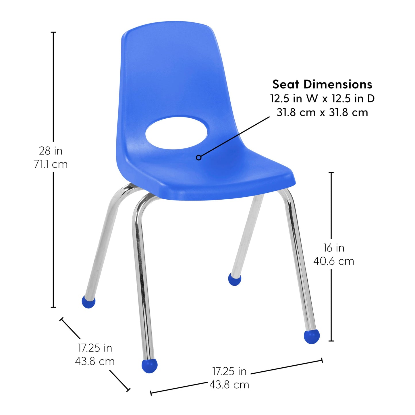 FDP 16" School Stack Chair, Stacking Student Seat with Chromed Steel Legs and Ball Glides For In-Home Learning or Classroom - Blue (4-Pack), 10382-BL