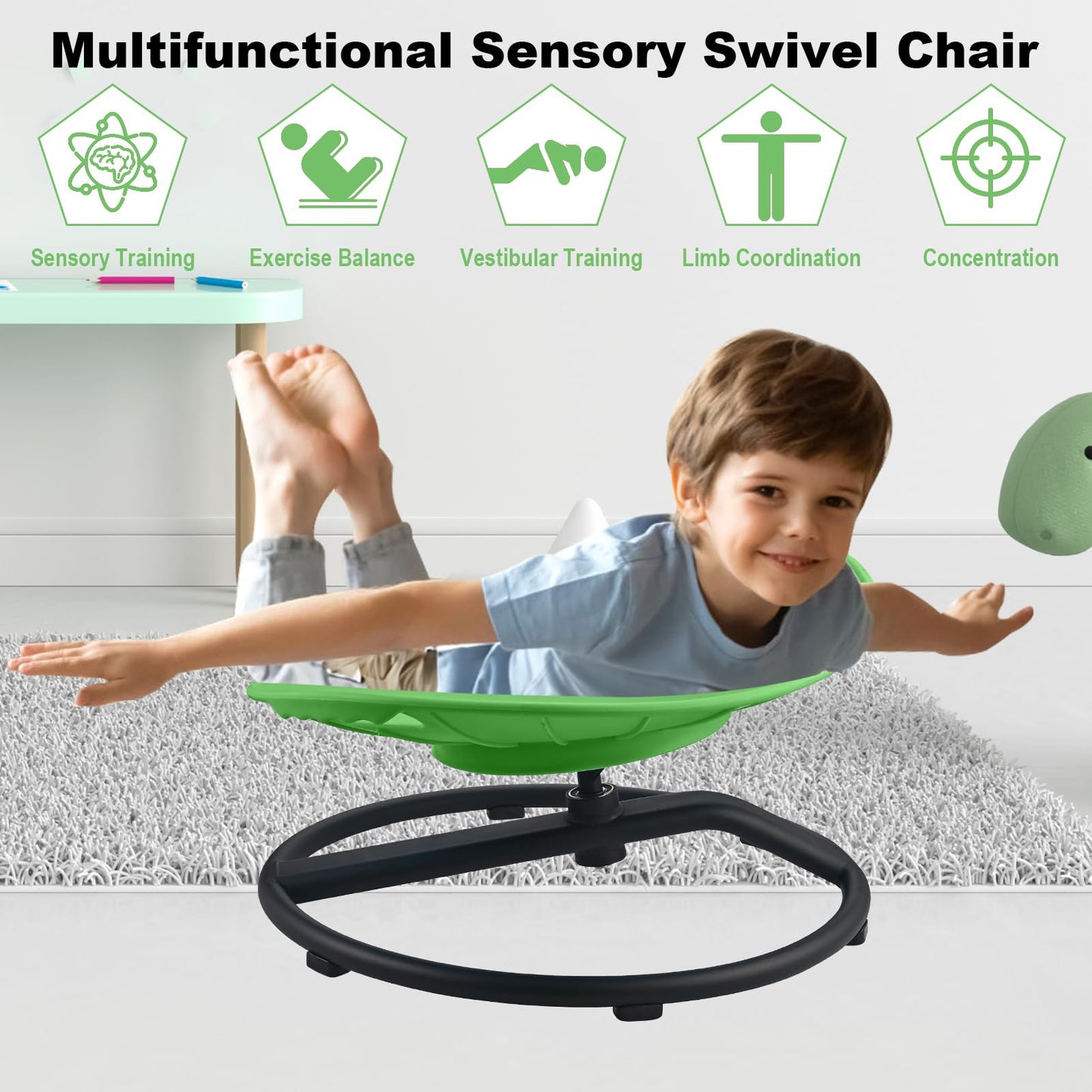 Casuenia Spinning Chair for Autistic Kids, Sensory Swivel Chair with Safety Handles, 220LBS Weight Capacity, Spinning Toy for Kids Autism & ADHD Age 3+, Sensory Product for Body Balance (Green)