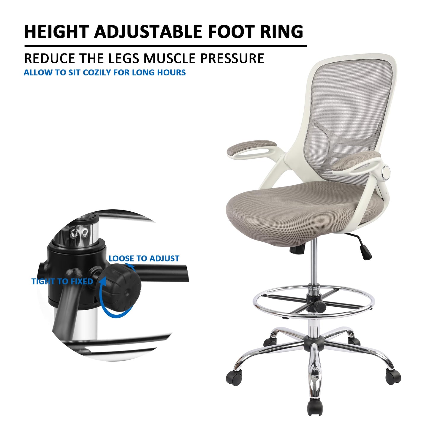 HYLONE Drafting Chair, Tall Office Chair Standing Desk Stool with Adjustable Foot Ring, Flip-Up Arms, Mesh High-Back Drafting Table Chair, White & Grey