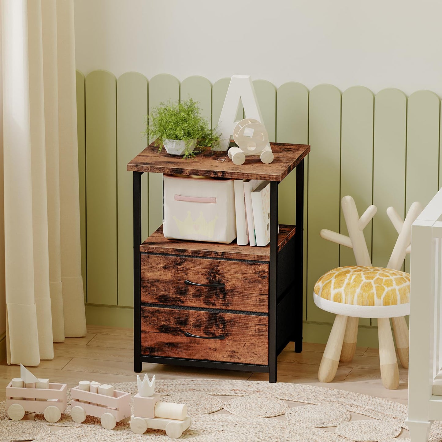 Fixwal Night Stand with Charger Station, Nightstand with Charging Station & Fabric Drawers，Rustic Brown