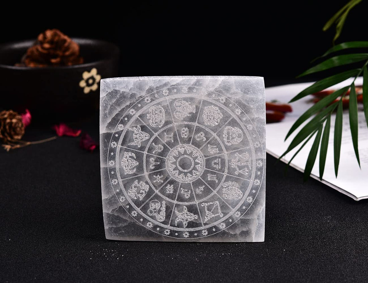 JIC Gem 4" Square Selenite Charging Plate 12 Star Engraved Selenite Slab Healing Crystal Charging Station