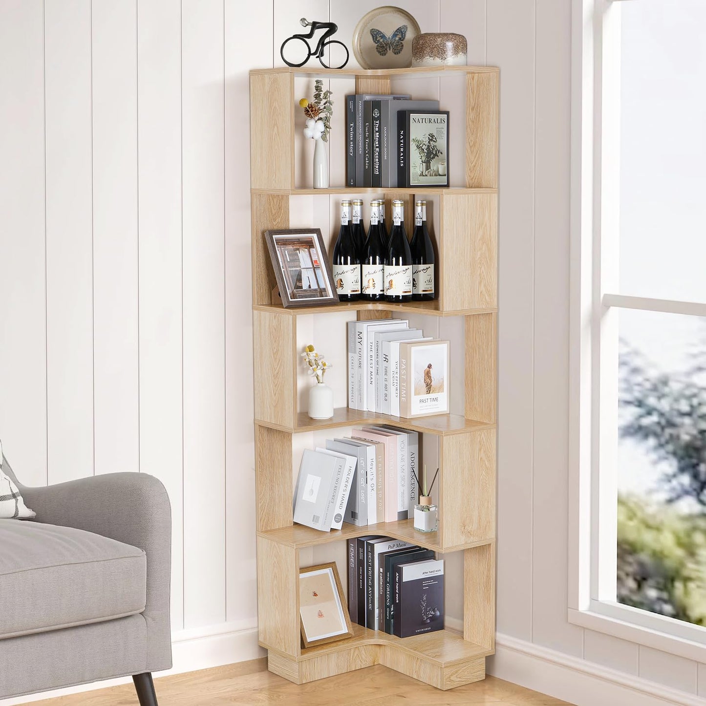 GOOFCXO Wooden Corner Bookcase, 5 Tiers Corner Bookshelf 68.9" L-Shaped Storage Display Rack Tall Large Open Bookshelf with Fixture for Living Room Bedroom Study Office