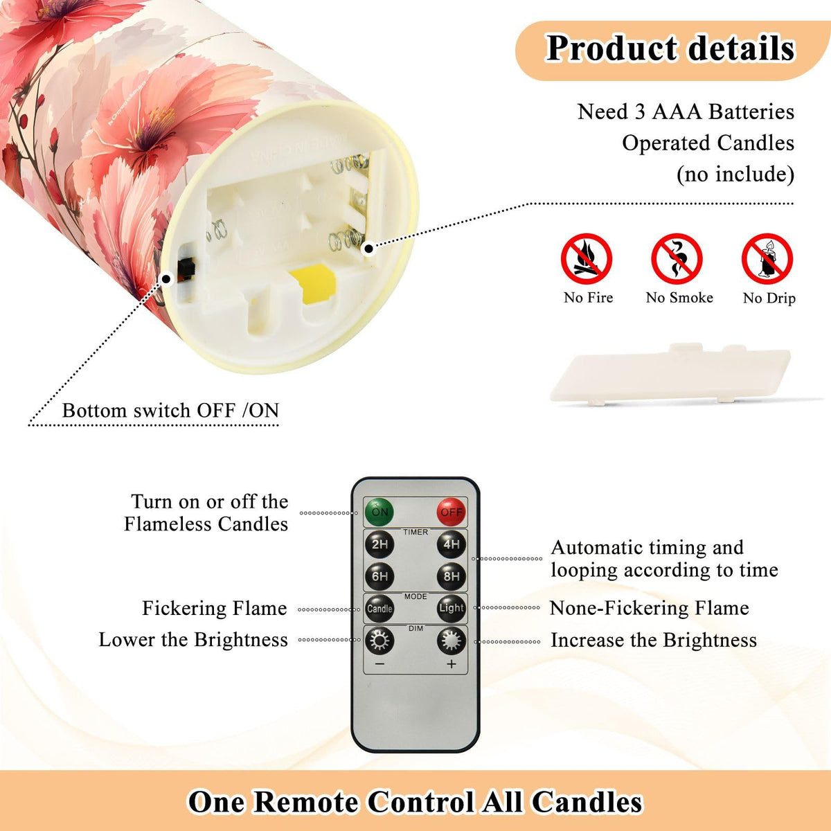 ALAZA Leaves Red White Flower Flickering Flameless Candles Battery Operated with Remote Timer,Tea Light Candles LED Pillar Votive Set of 2 for Outdoor Indoor Decorations 3" x5.9"