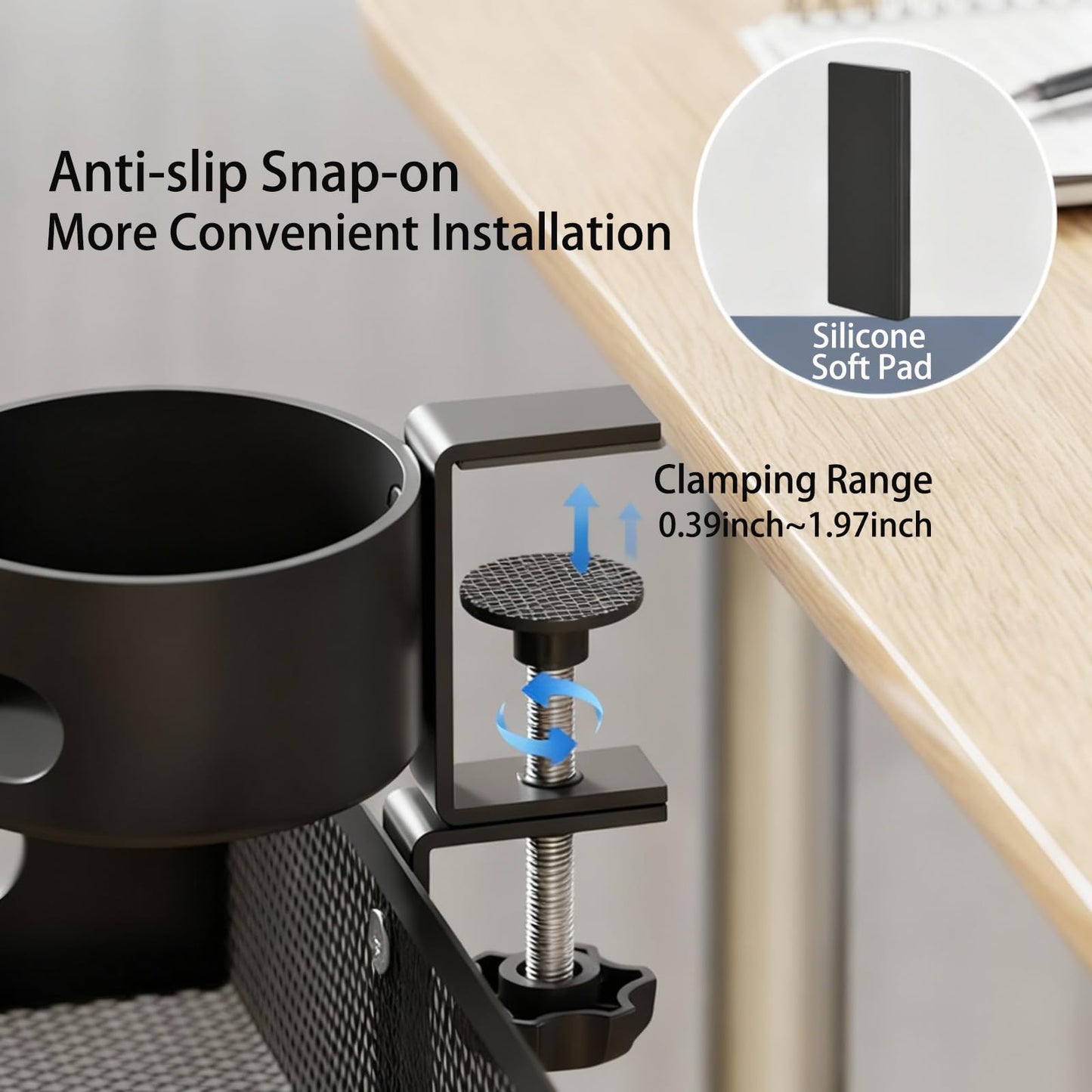 XULIONTS Clamp-On Under Desk Organizer with Cup Holder, 360° Rotating Mesh Drawer with Cable Hole, No-Drill Desk Drawer Organizer for Gaming Desk Accessories, Office Supplies, Coffee Mug, Dorm(2 in1)