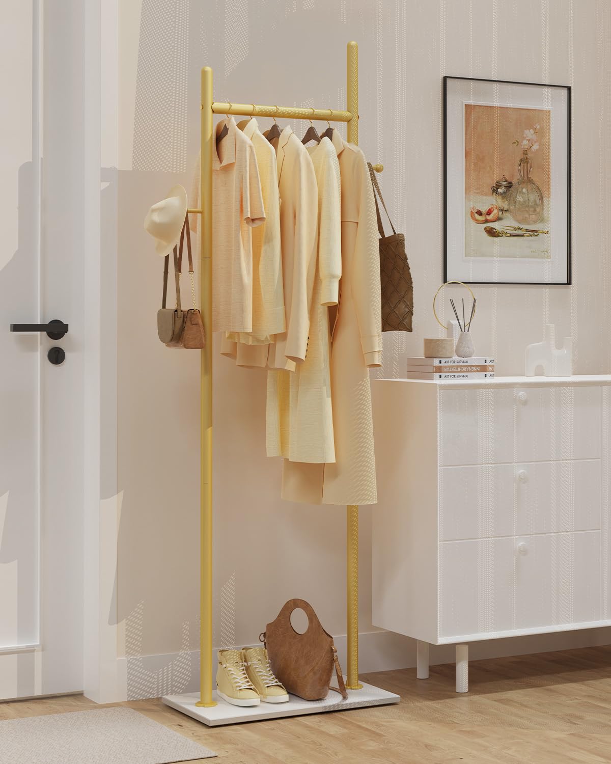 GUOHNHE Large Metal Coat Rack Freestanding, Modern Coat Hanger Stand with 2 Hooks and Heavy Rock Slab Base, Industrial Clothes Rack, Garment Rack, 19.7 x 11.8 x 68.9 In, Golden Yellow, GYJ202MWJ