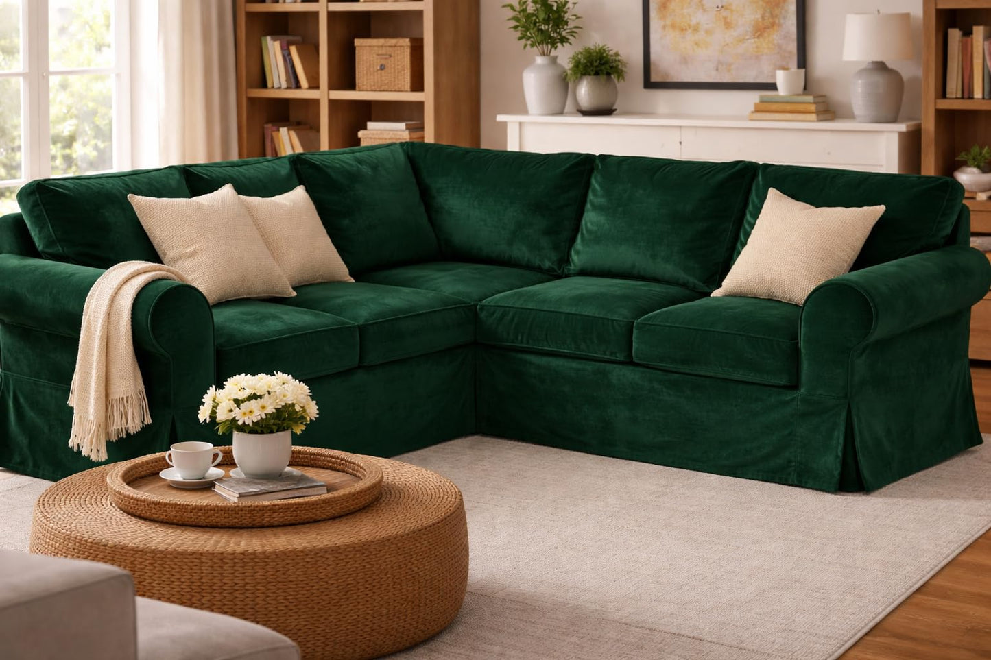 Velvet Pets Friendly Sectional Corner Sofa Covers Made Compatible with IKEA Ektorp 4 Four Seat Couch Sofa Slipcovers (Velvet Green Ektorp 2+2)