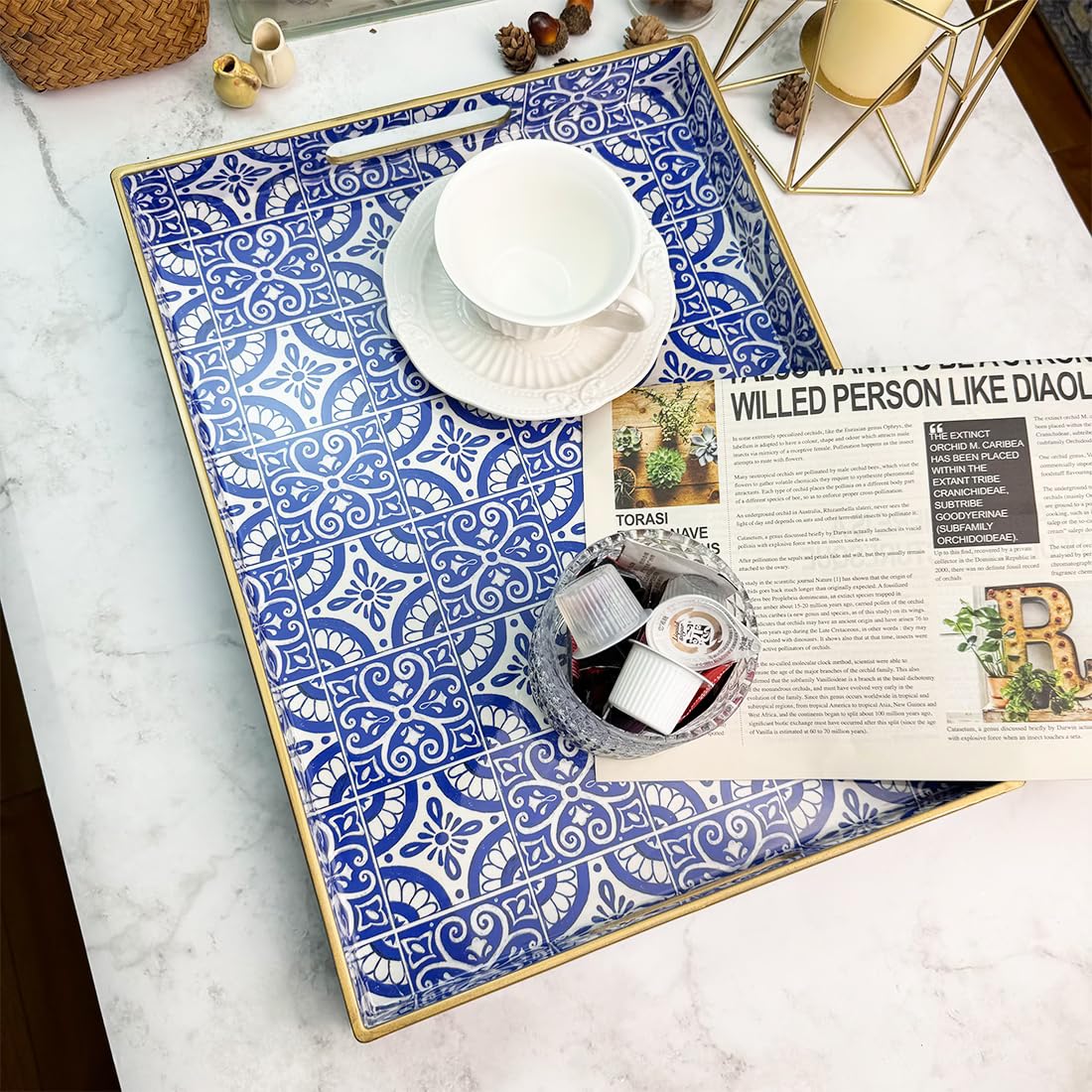 Umisriro Serving Tray with Handles, Rectangular Decorative Trays for Coffee Table, Plastic Ottoman Tray for Living Room, Decor, Boho Blue, 15.7”*11.8”*1.6"