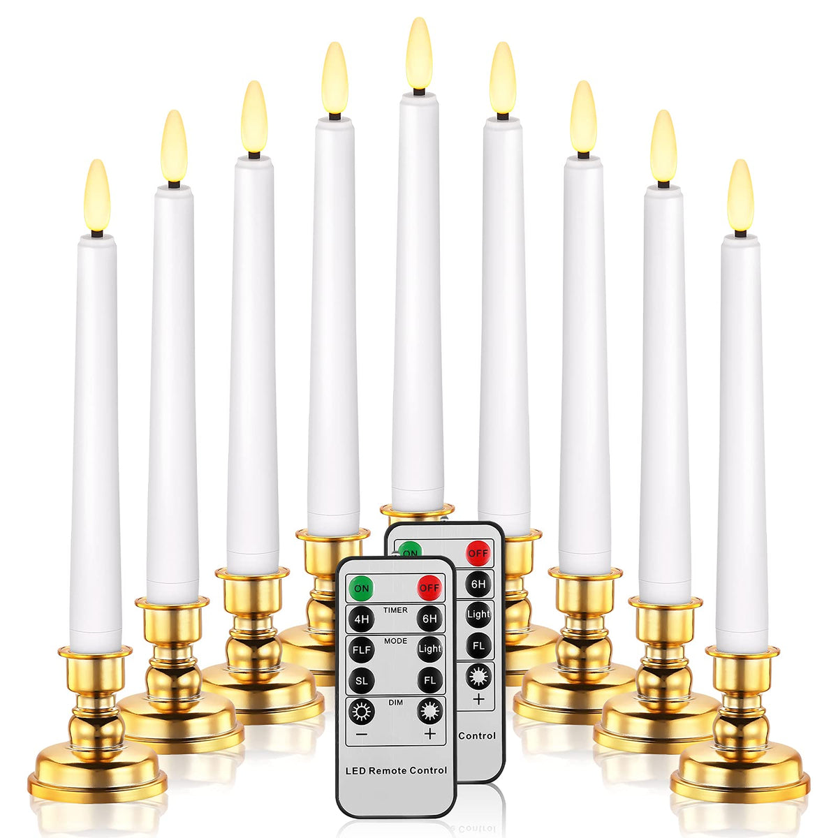 Daord LED Christmas Window Candle with 2 Remotes Battery Operated Flameless Taper Candles Warm Light Flickering and Timer for Wedding Party Holiday Home Table Decoration (9 Packs,White+Gold Holder)…