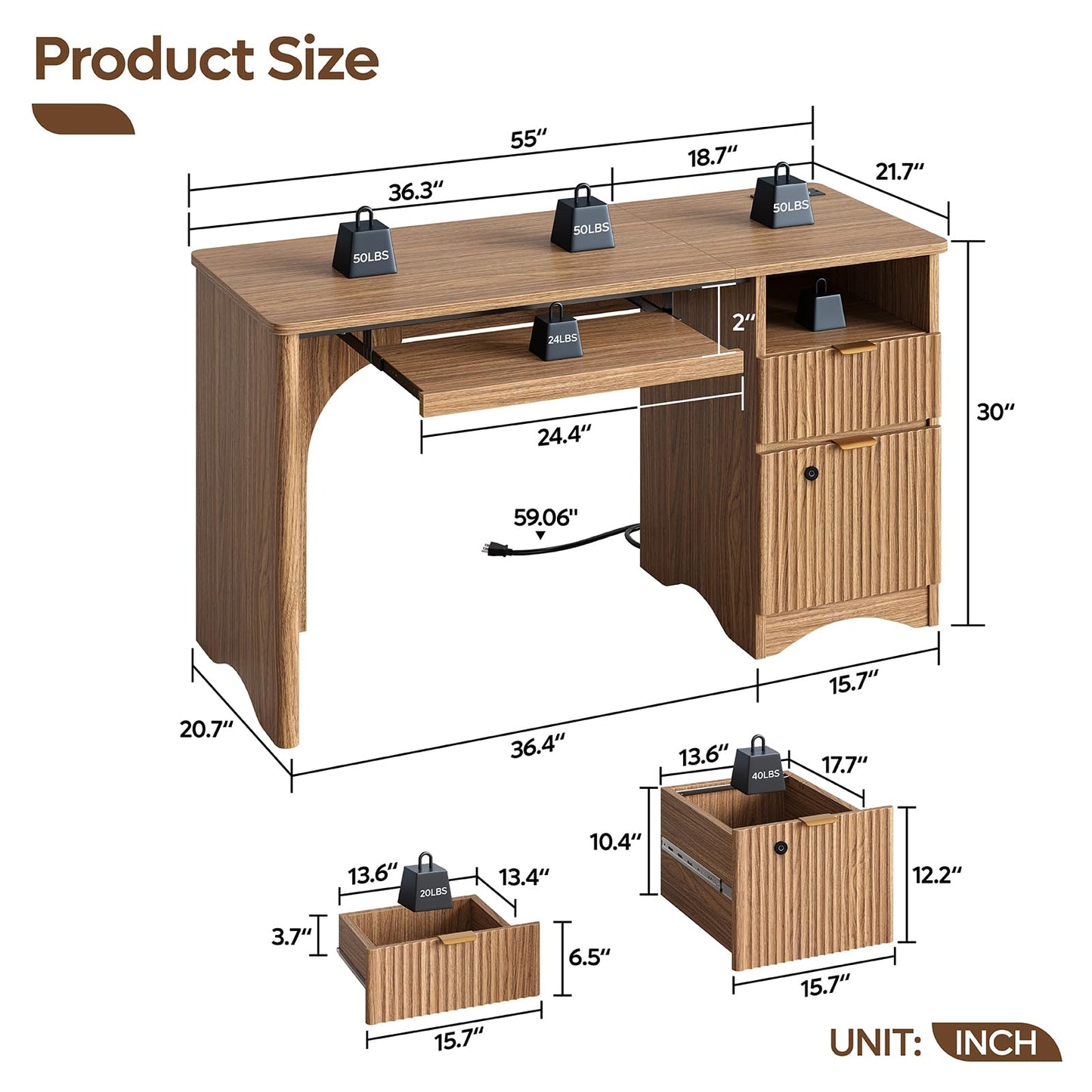 Bestier 55 Inch Wood Computer Desk with Fingerprint Lockable Drawers and Keyboard Tray,Modern Home Office Desk with File Drawer & Charging Station, Oak Wooden Desk for Work, Brown