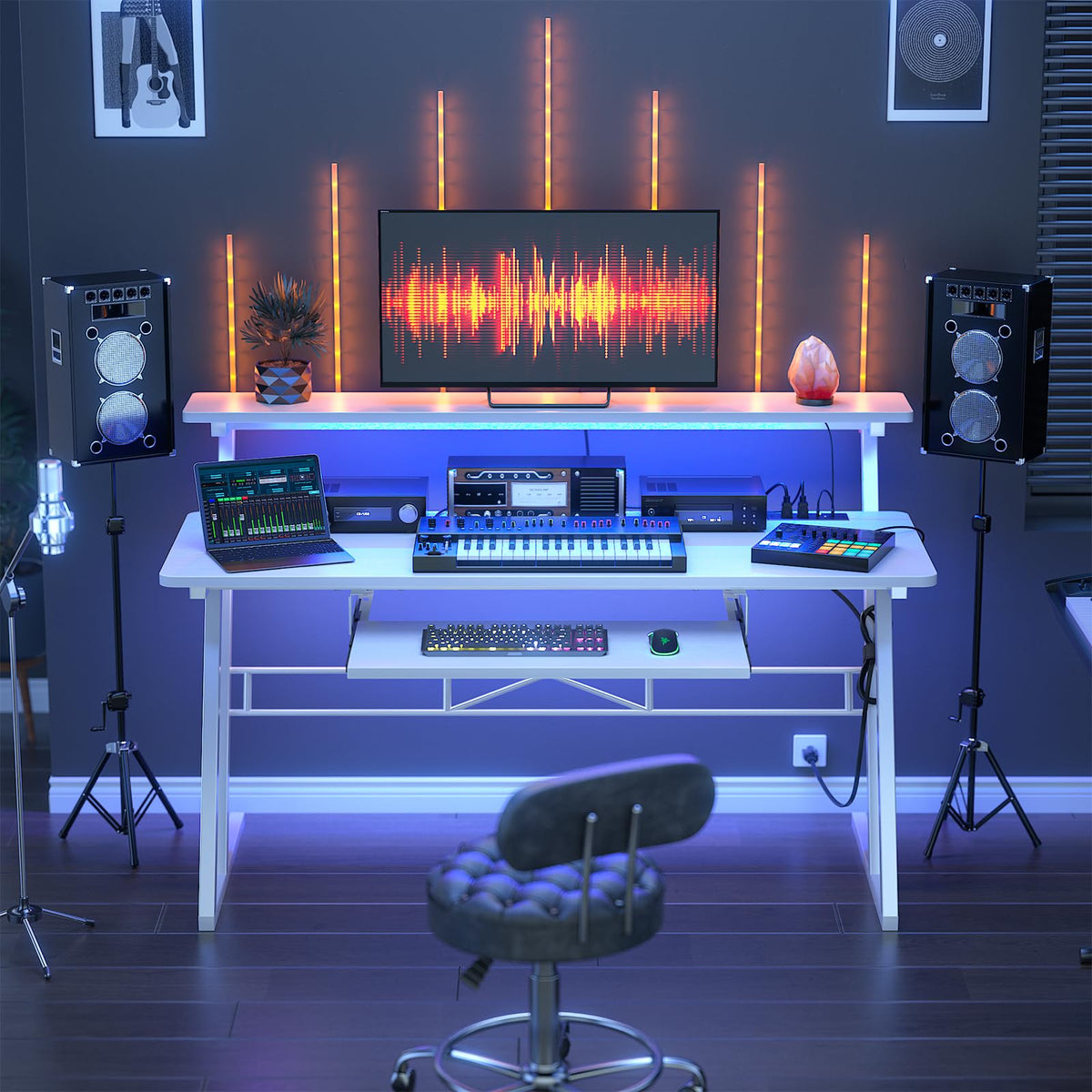 Armocity Music Studio Desk, Music Production Workstation with Power Outlets and RGB LED Lights, Recording Studio Table Desks Music Producer for Home, White