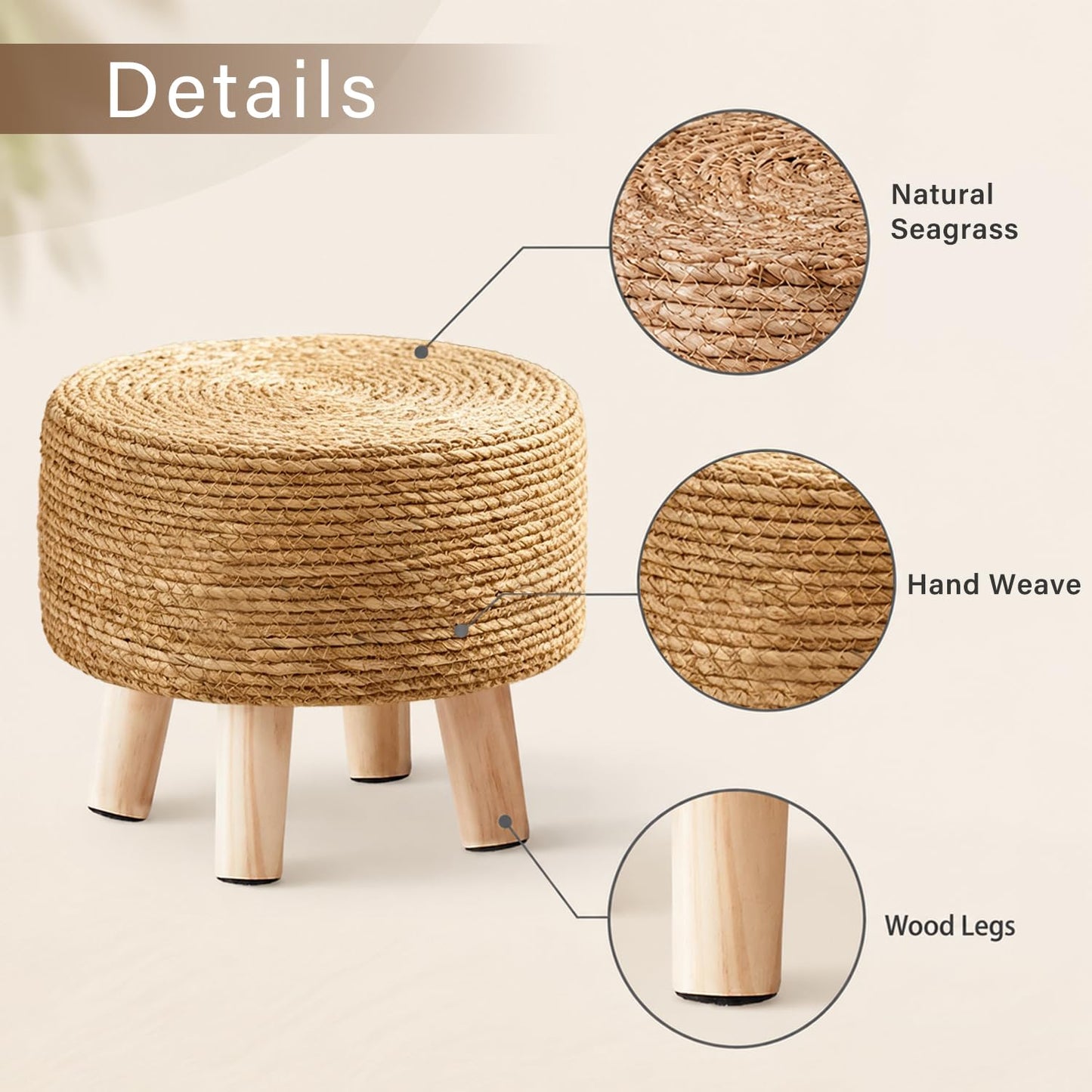 Wimarsbon Round Foot Stool Natural Seagrass Poufs Ottoman Hand Weave Footrest Stool for Couch Desk Extra Seat Step Stool with Solid Wood Legs for Hallway Patio Lounge Natural
