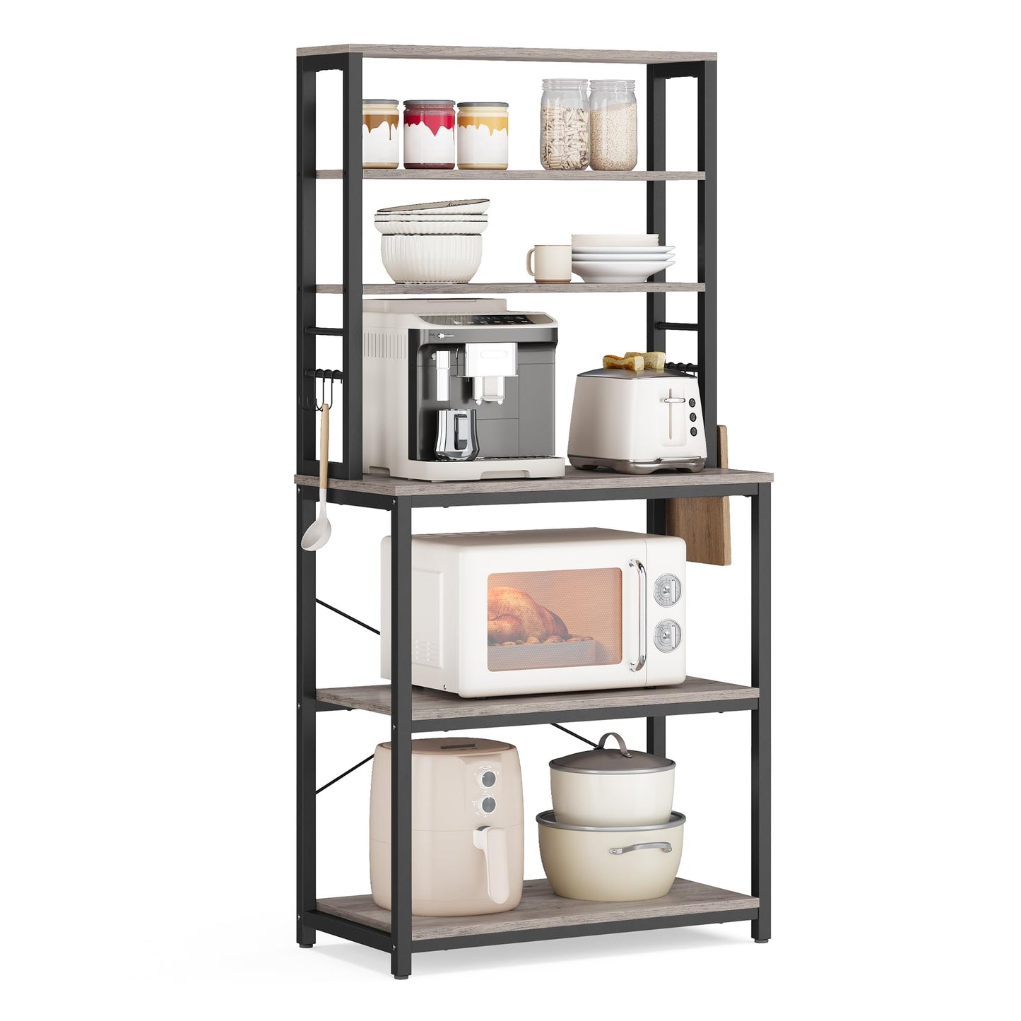 VASAGLE Coffee Bar, 23.6 Inches Baker's Rack for Kitchen with Storage, 6-Tier Kitchen Shelves with 6 Hooks, Microwave Stand, Industrial, Heather Greige and Ink Black UKKS024B02