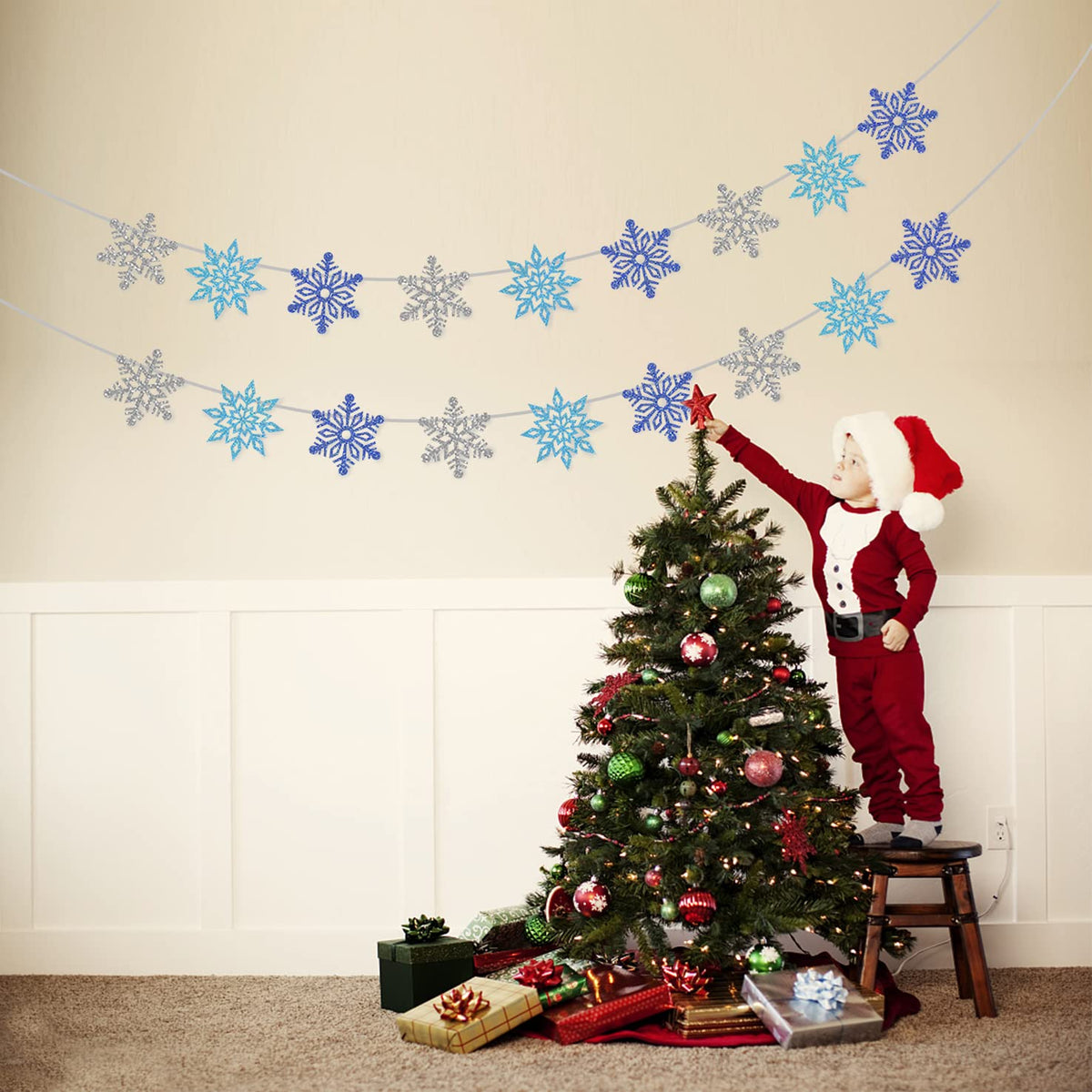 2 Pcs Glitter Snowflake Banner, Snowflake Winter Party Decorations, Snowflake Garland Christmas Party Decorations (Blue&Silver)