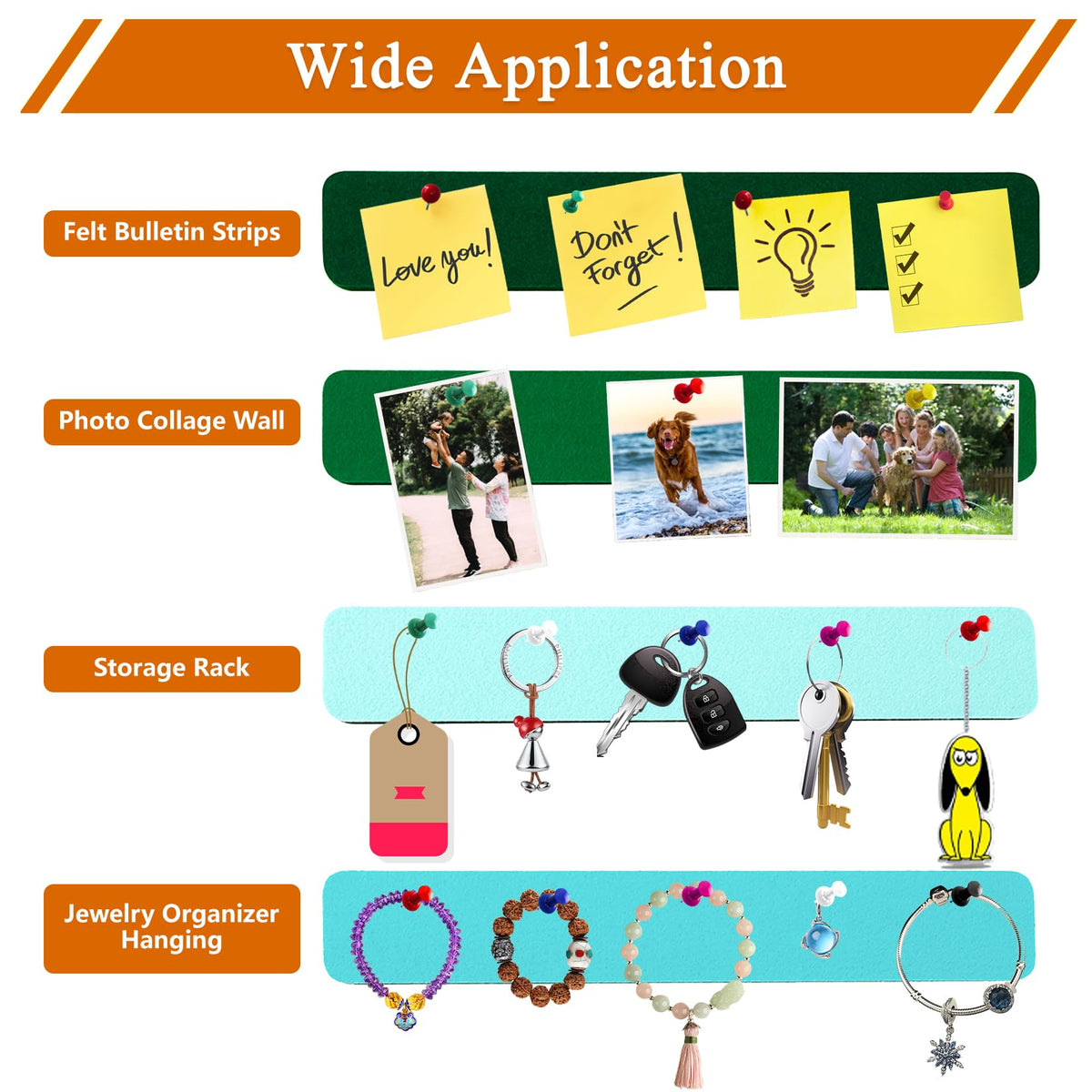 HULAVO 8Pcs Rectangle Felt Cork Board Bar Strips with 35 Pushpins, Self-Adhesive Bulletin Board Strips for Office School Home Wall Decor Stickers Memos Schedules Photos Display -Gradual Green