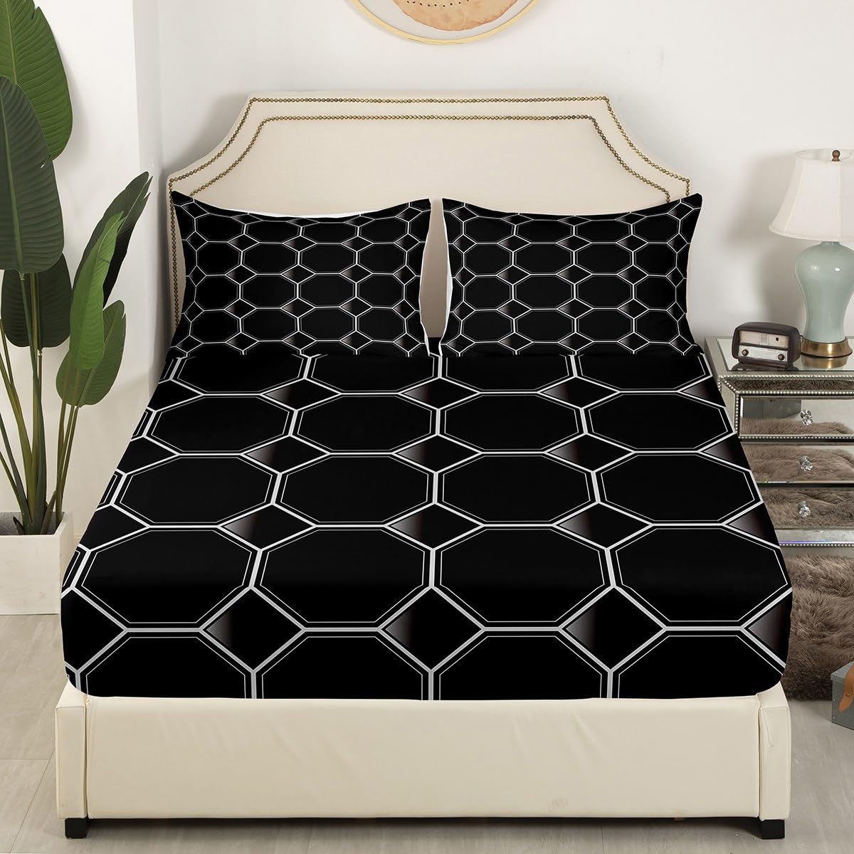 Erosebridal Honeycomb Bed Sheets Set Queen Size Geometric Hexagonal Beehive Sheet Set for Boys,3D Stereoscopic Grey Hexagon Sheets,Neon Simplistic Geometrical Black Room Decor