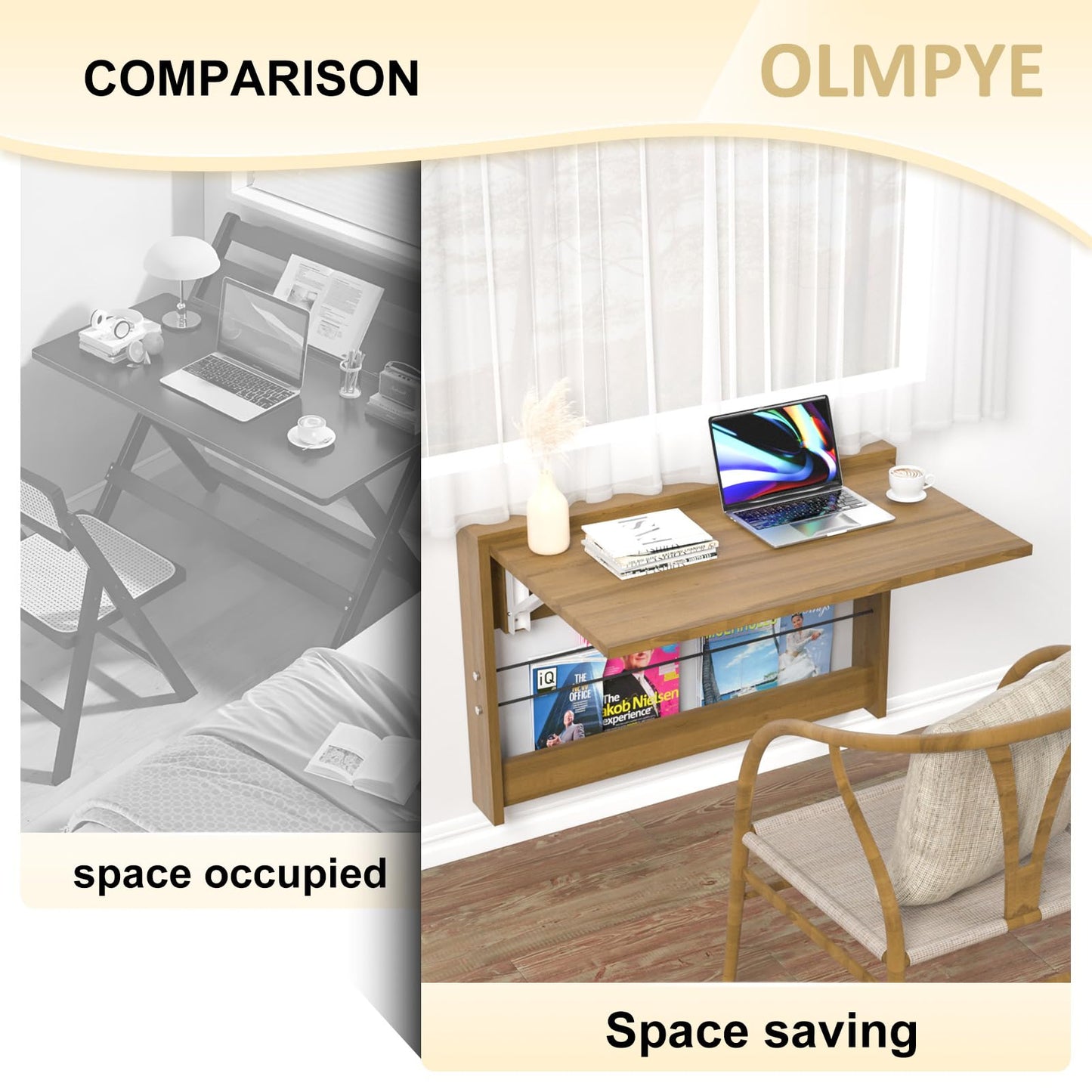 OLMPYE Wall Mounted Folding Table,Wooden Mounted Desk with Iron Bracket,Small Space Solutions,Floating Workbench Desk for Laundry Room, Room, Study