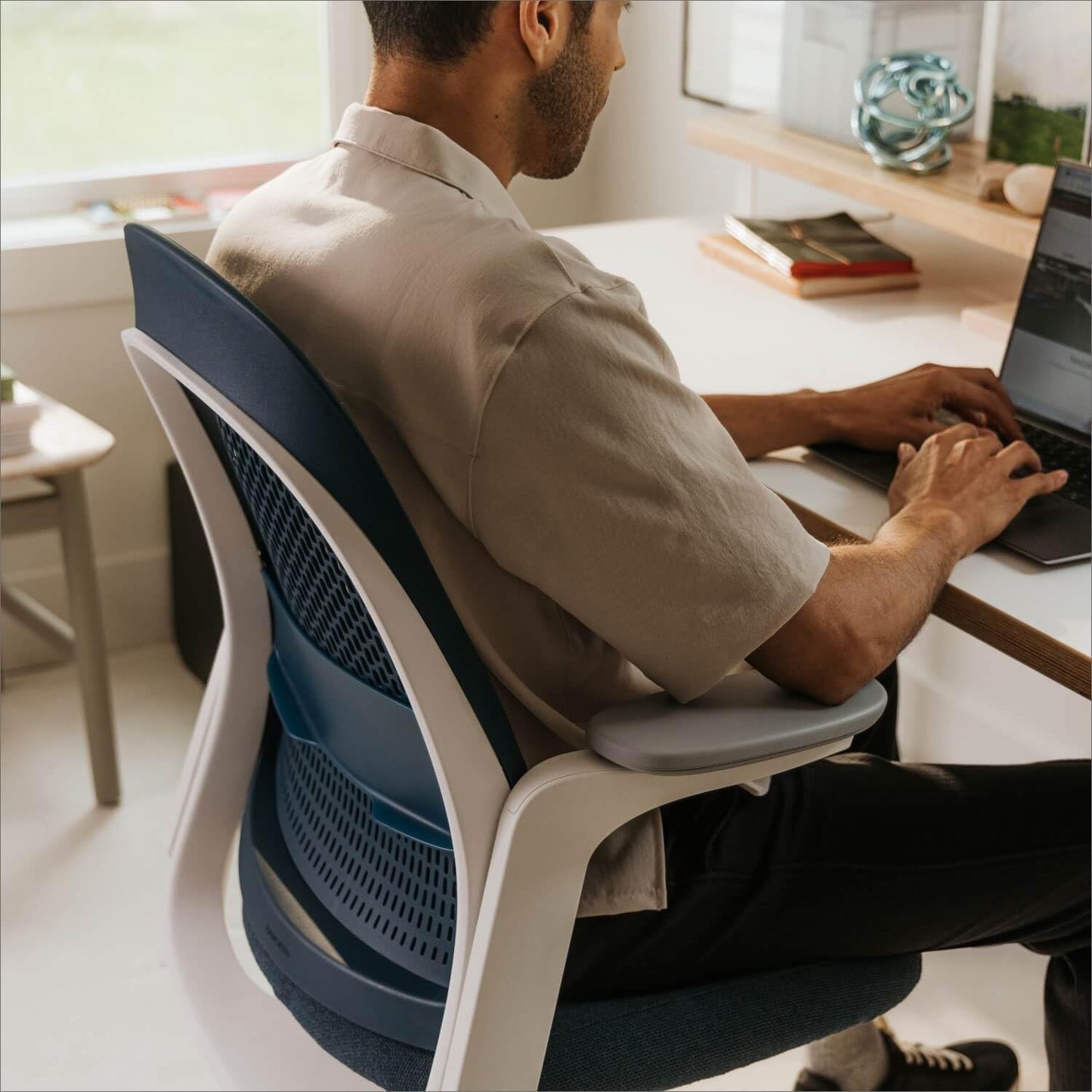Haworth Breck Office Chair - Ergonomic Desk Seat with Height-Adjustable Lumbar Support, White Trim, Duo-Tone Hard Casters, and 4D-Arms (Lagoon)