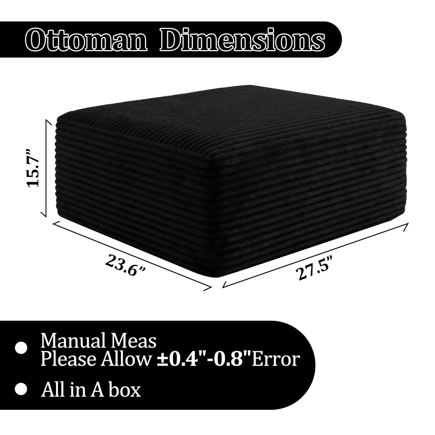 Corduroy Ottoman, Modern Boneless Cloud Foot Rest Foam Support, Oversized Modular Sectional Sofa Stool for Living Room, Bedroom & Small Spaces, No Assembly Required (Black, Ottoman)