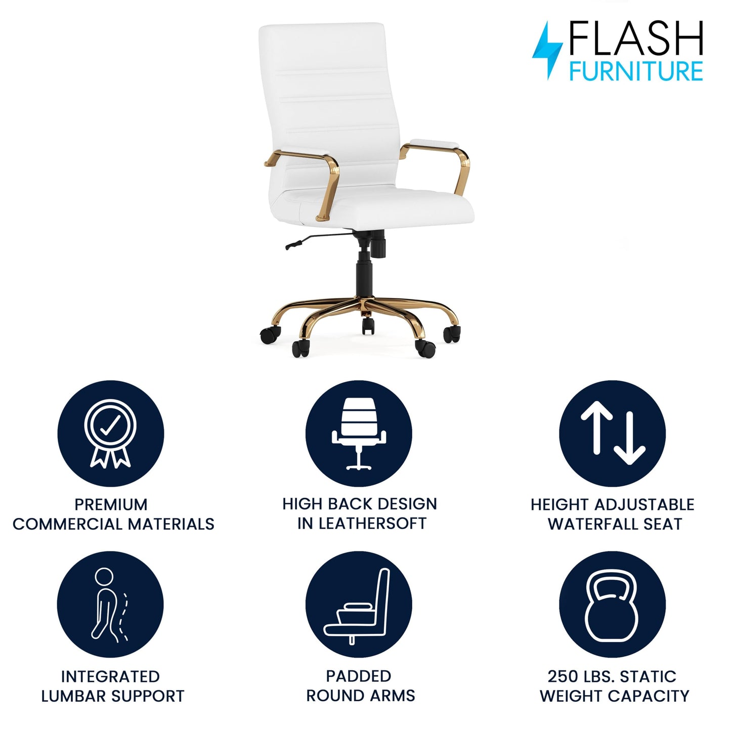 Flash Furniture Whitney Mid-Back Swivel LeatherSoft Desk Chair with Padded Seat and Armrests, Adjustable Height Padded Office Chair, 27"D x 26"W x 43"H, White/Gold