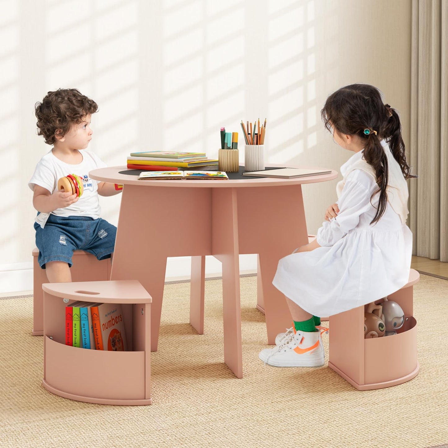 INFANS Toddler Table and Chair Set with 4 Storage Stools, Wooden Flower Shaped Nesting Table with Blackboard Drawers, Children Multi-Activity Table for Art Crafts Draw Read Boys Girls 3+